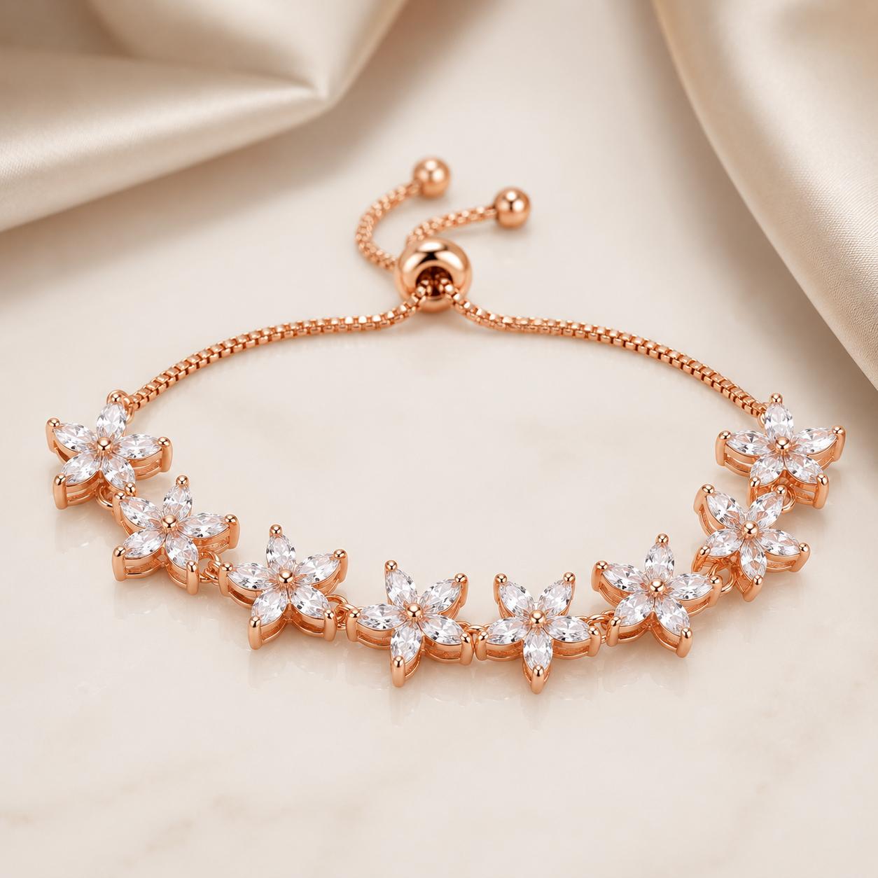 Forevershine Rose Gold Plated Cubic Zirconia Studded Drawstring Bracelet For Women | Adjustable Designer Floral Bracelet | Anti Tarnish | Premium Party Fashion Jewellery