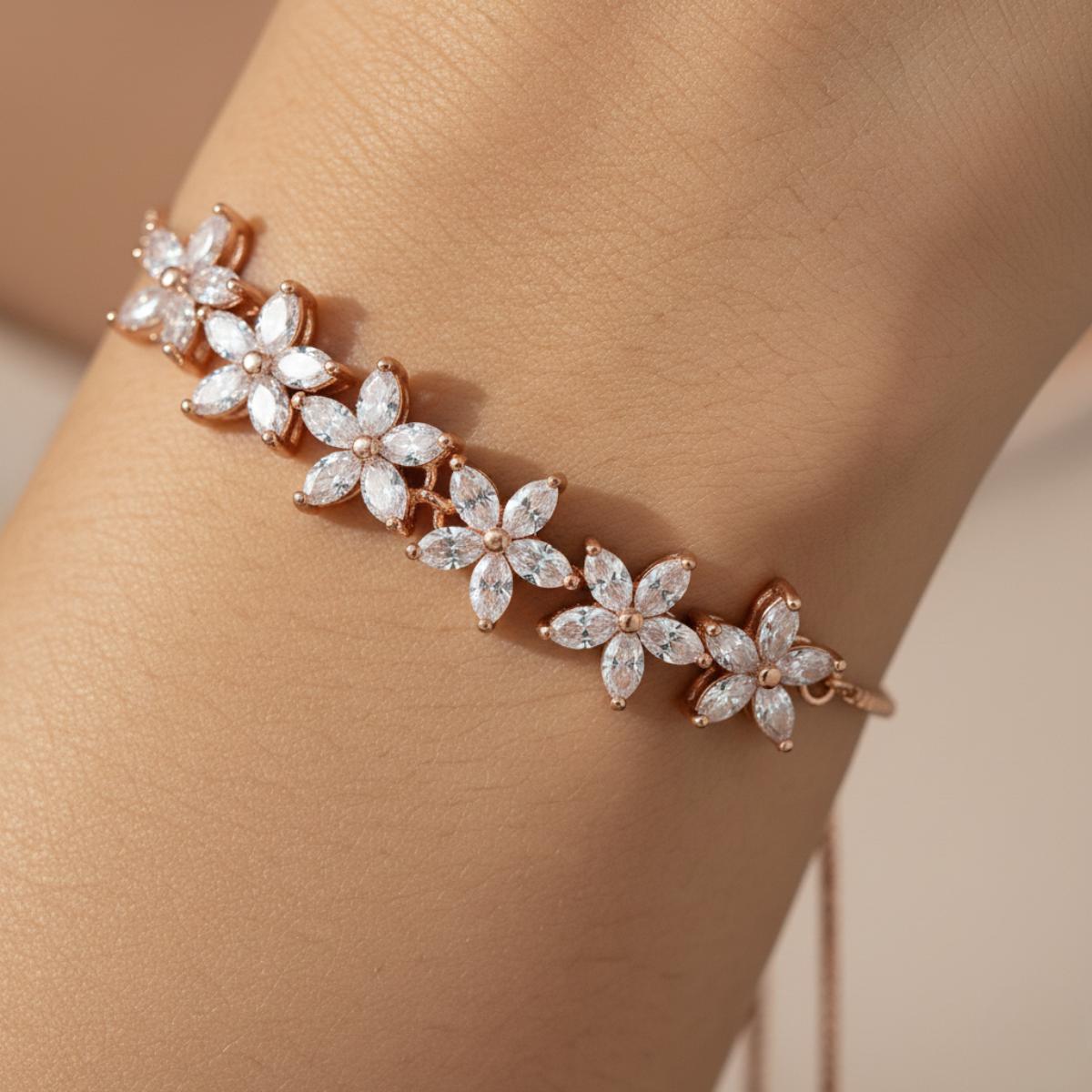Forevershine Rose Gold Plated Cubic Zirconia Studded Drawstring Bracelet For Women | Adjustable Designer Floral Bracelet | Anti Tarnish | Premium Party Fashion Jewellery - Image 2
