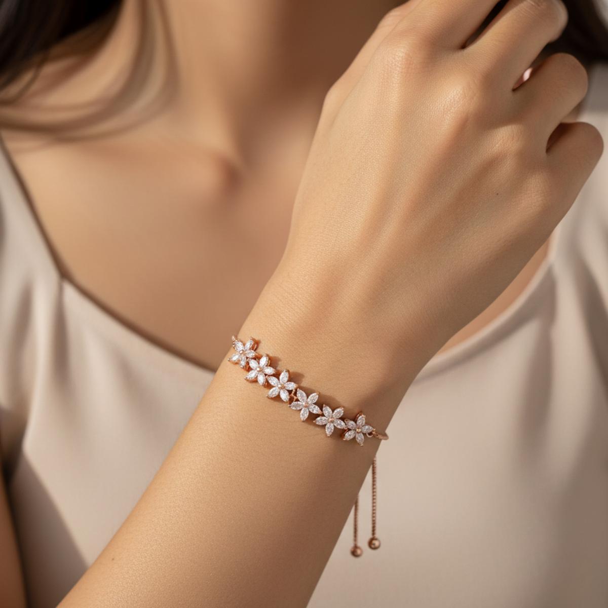 Forevershine Rose Gold Plated Cubic Zirconia Studded Drawstring Bracelet For Women | Adjustable Designer Floral Bracelet | Anti Tarnish | Premium Party Fashion Jewellery - Image 3
