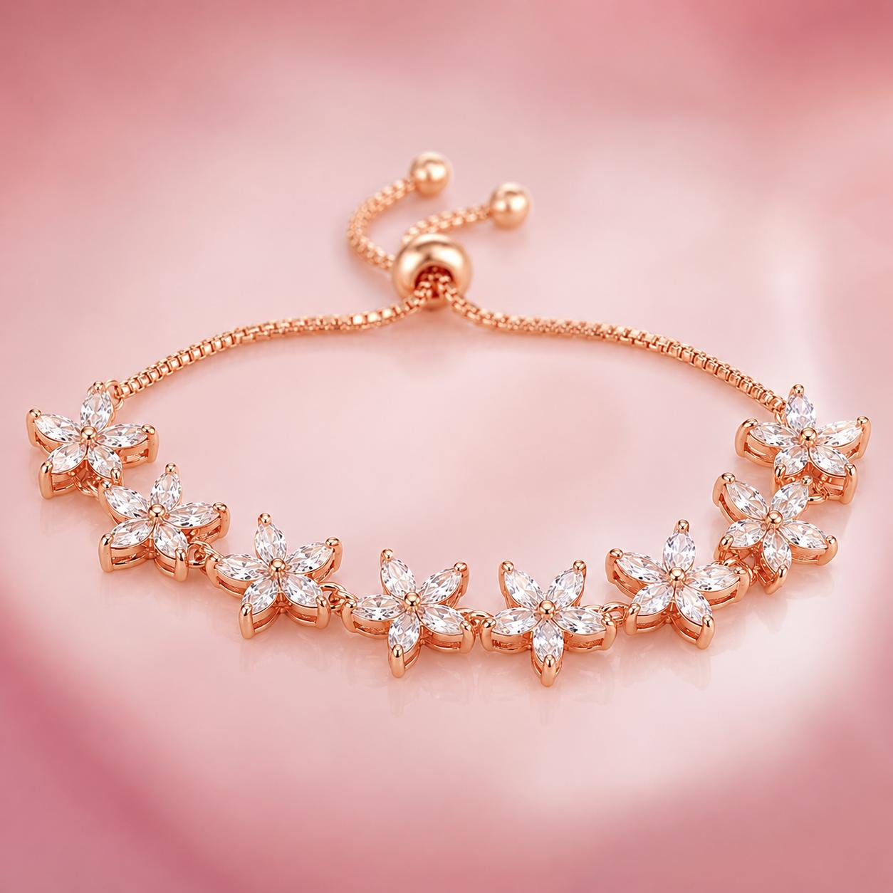 Forevershine Rose Gold Plated Cubic Zirconia Studded Drawstring Bracelet For Women | Adjustable Designer Floral Bracelet | Anti Tarnish | Premium Party Fashion Jewellery - Image 5