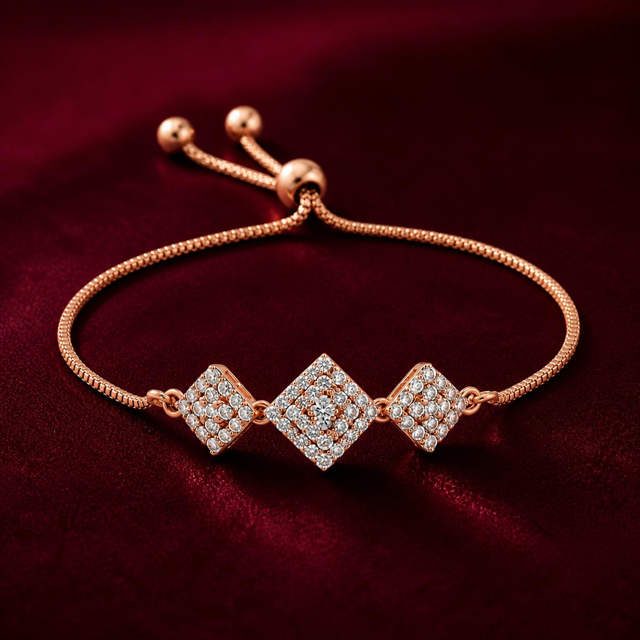 Forevershine Anti Tarnish Premium Rose Gold Plated Square Pave Bracelet, Copper Alloy, Cubic Zirconia Stones, Adjustable, Fashion Jewelry|lightweight|gift For Her|for Women & Girls