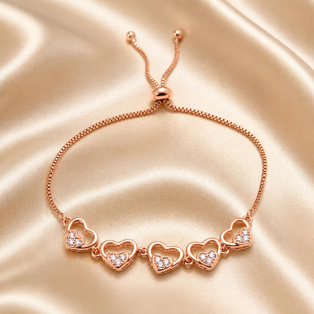Forevershine Anti Tarnish Premium Rose Gold Plated Open Heart Link Bracelet, Copper Alloy, American Diamond Cz Stones, Fashion Jewellery, Free Size|lightweight|gift For Her|for Women & Girls