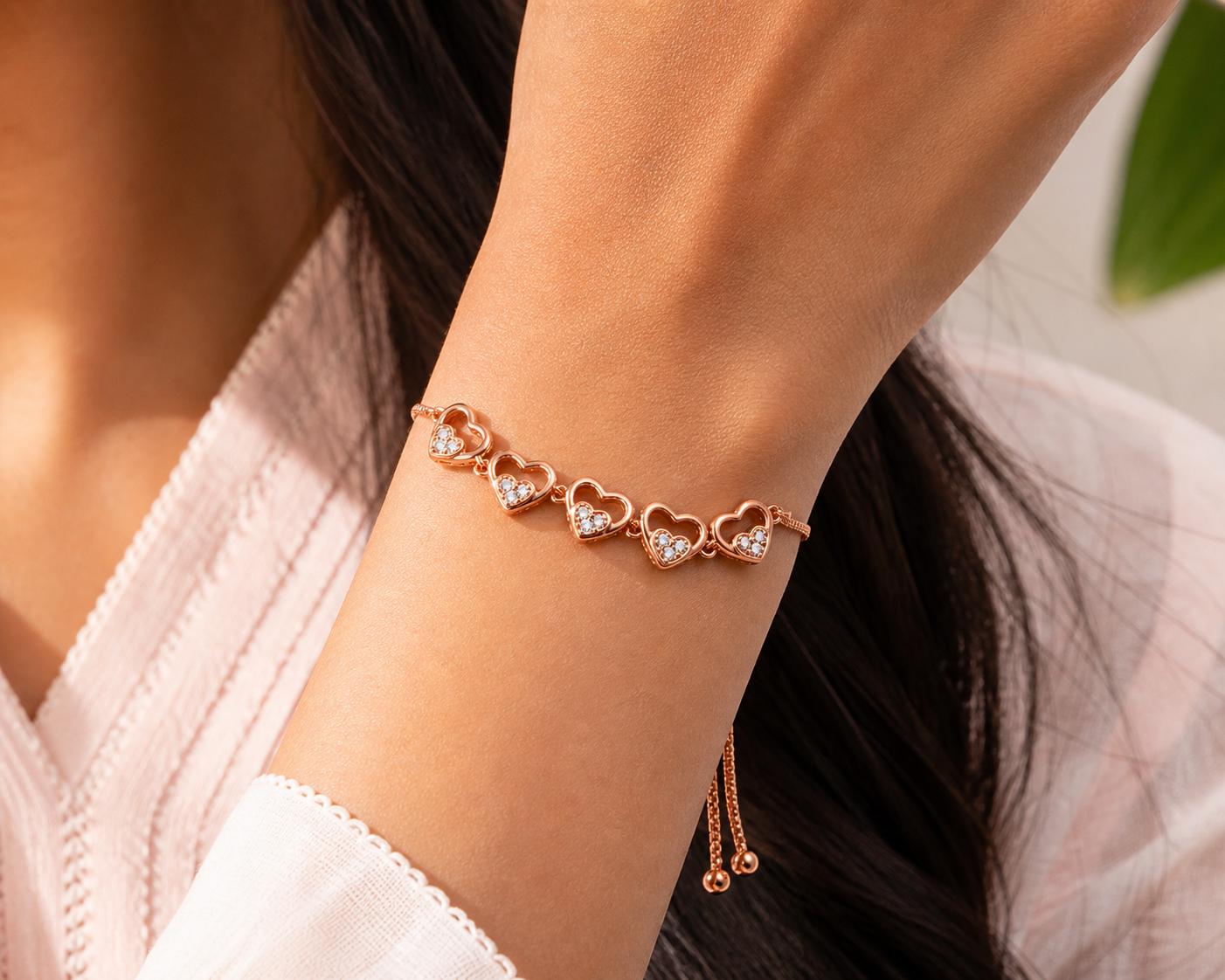 Forevershine Anti Tarnish Premium Rose Gold Plated Open Heart Link Bracelet, Copper Alloy, American Diamond Cz Stones, Fashion Jewellery, Free Size|lightweight|gift For Her|for Women & Girls - Image 2
