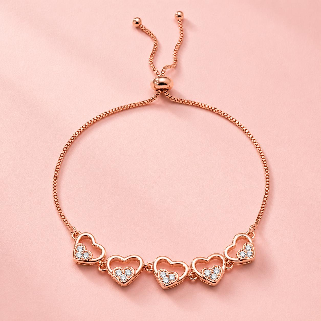 Forevershine Anti Tarnish Premium Rose Gold Plated Open Heart Link Bracelet, Copper Alloy, American Diamond Cz Stones, Fashion Jewellery, Free Size|lightweight|gift For Her|for Women & Girls - Image 4