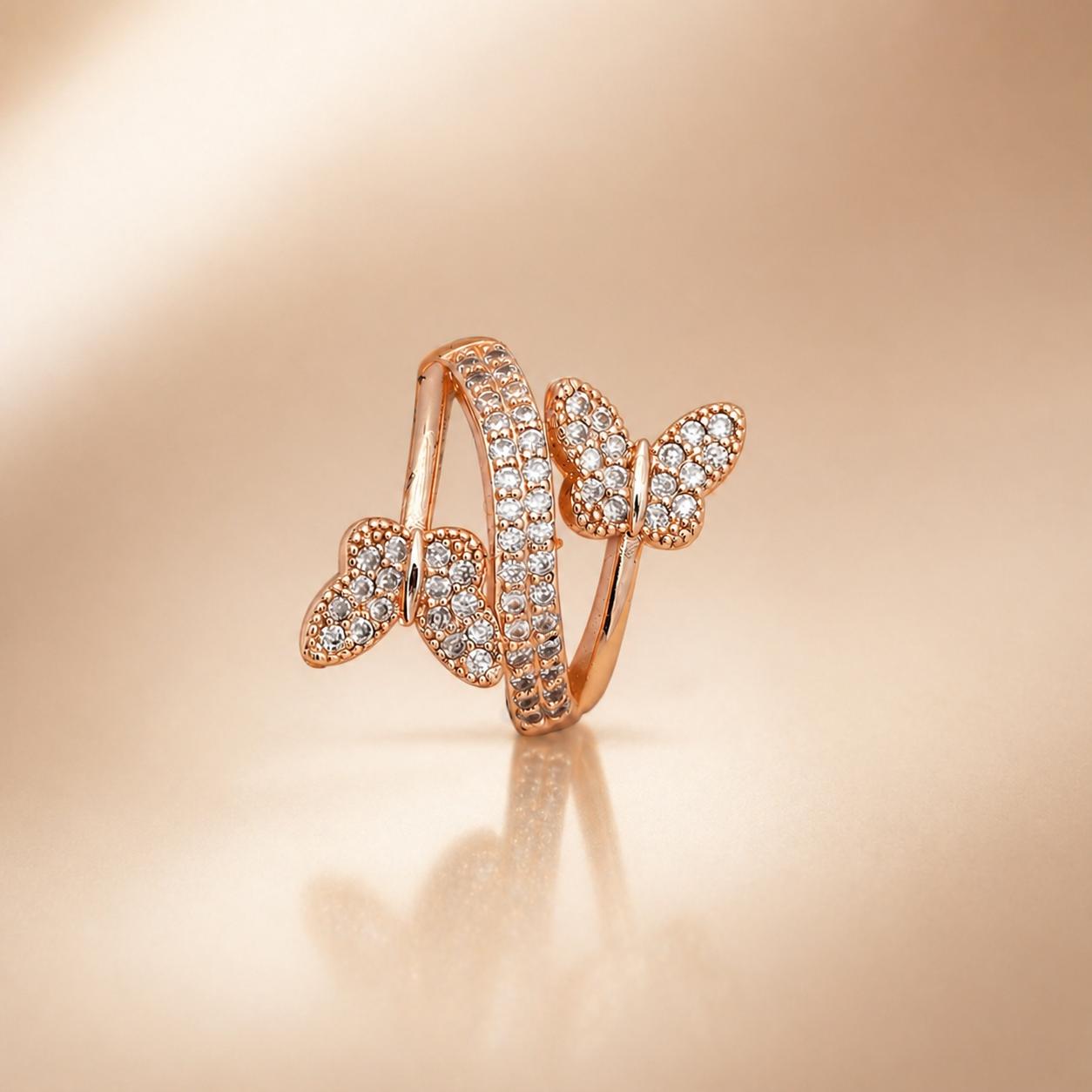 Forevershine Rose Gold Butterfly Adjustable Finger Ring For Women & Girls | Cubic Zirconia Crystal Studded Open Band Fashion Ring | Elegant Party Jewellery Gift