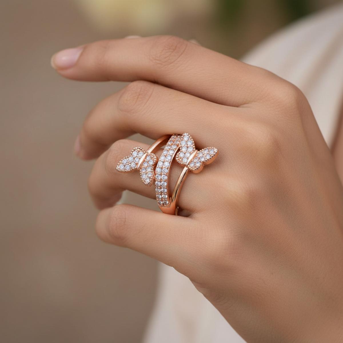 Forevershine Rose Gold Butterfly Adjustable Finger Ring For Women & Girls | Cubic Zirconia Crystal Studded Open Band Fashion Ring | Elegant Party Jewellery Gift - Image 3