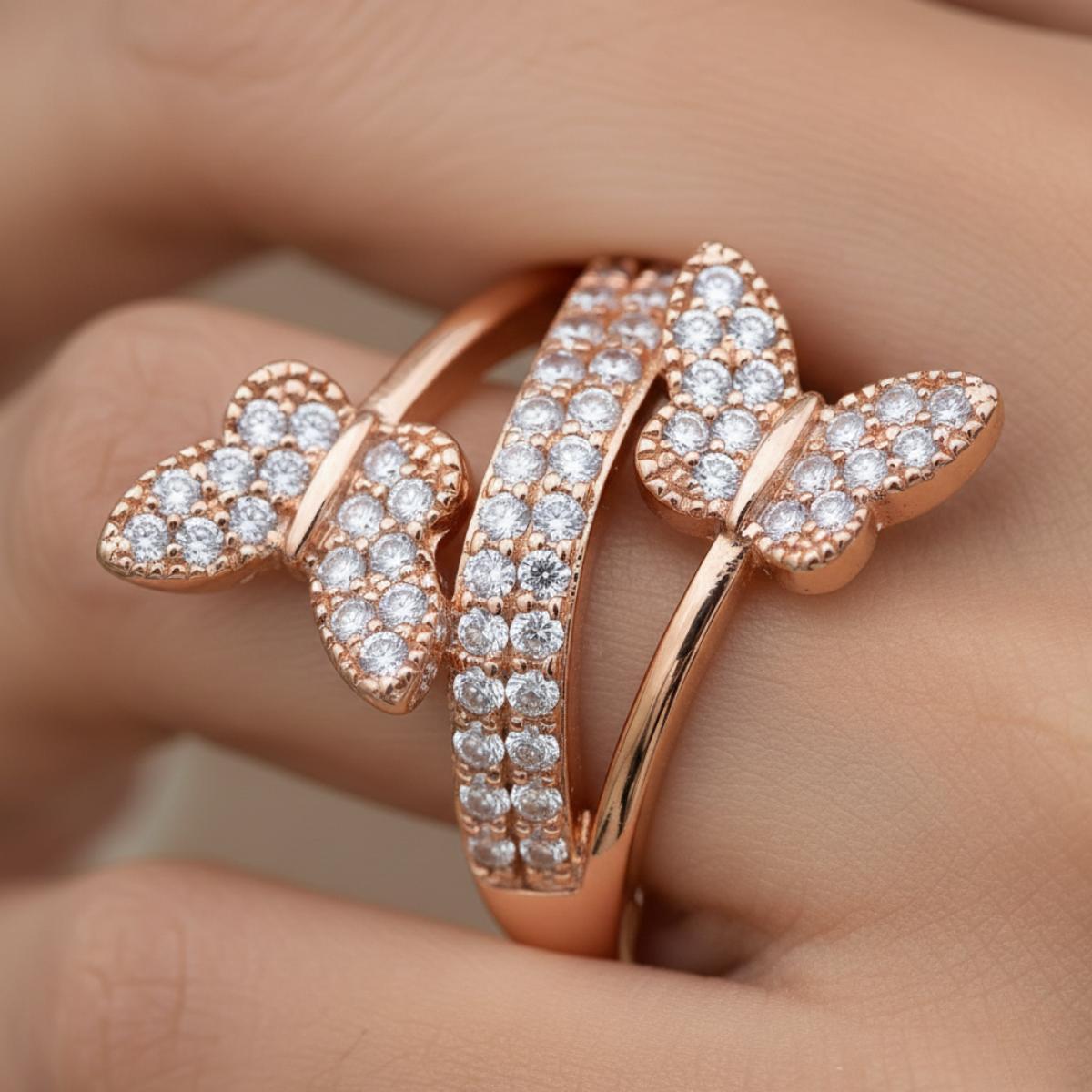 Forevershine Rose Gold Butterfly Adjustable Finger Ring For Women & Girls | Cubic Zirconia Crystal Studded Open Band Fashion Ring | Elegant Party Jewellery Gift - Image 4