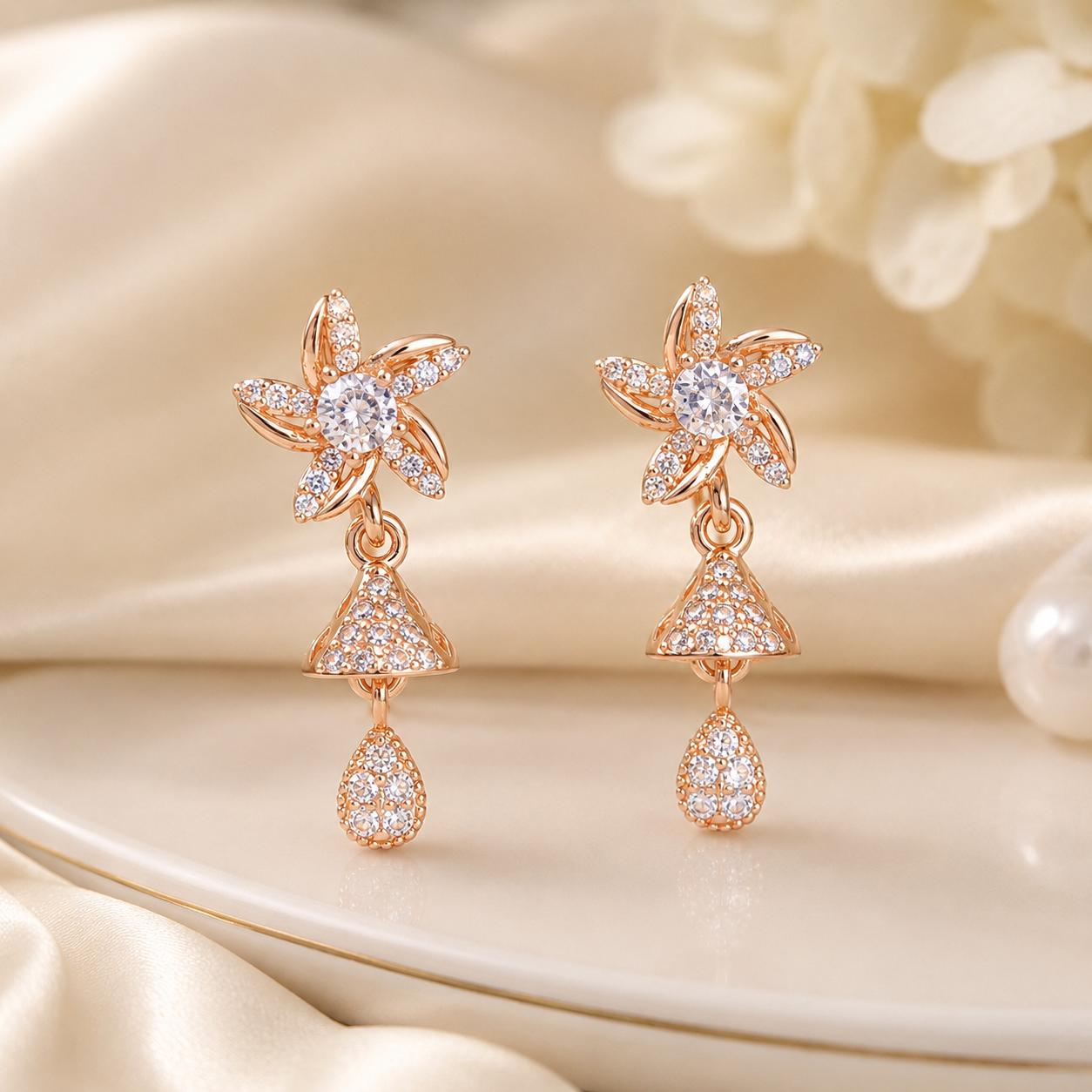Forevershine Anti Tarnish Rose Gold Plated Floral Star Cz Jhumki Style Drop Earrings|lightweight|gift For Her|skin Friendly & Hypoallergenic|stylish Jewelry For Women & Girls