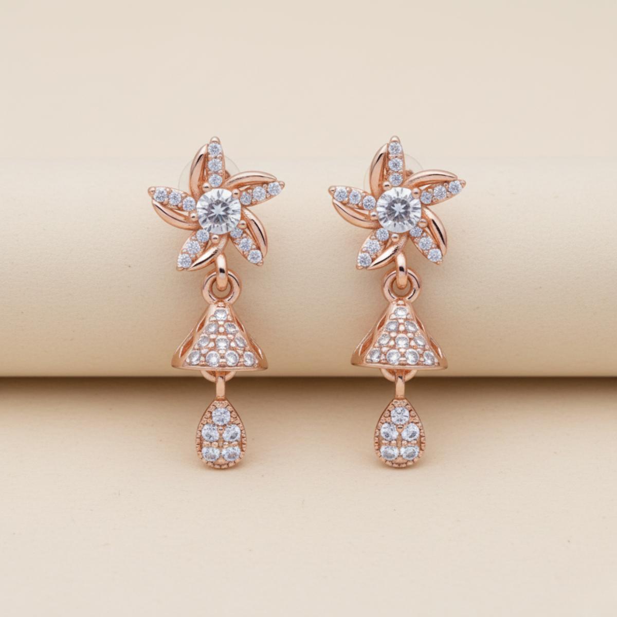 Forevershine Anti Tarnish Rose Gold Plated Floral Star Cz Jhumki Style Drop Earrings|lightweight|gift For Her|skin Friendly & Hypoallergenic|stylish Jewelry For Women & Girls - Image 3