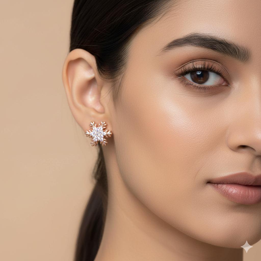 Forevershine Anti Tarnish Rose Gold Snowflake Stud Earrings With Crystal Stones, Winter Theme Jewelry|lightweight|gift For Her|skin Friendly & Hypoallergenic|stylish Jewelry For Women & Girls - Image 4