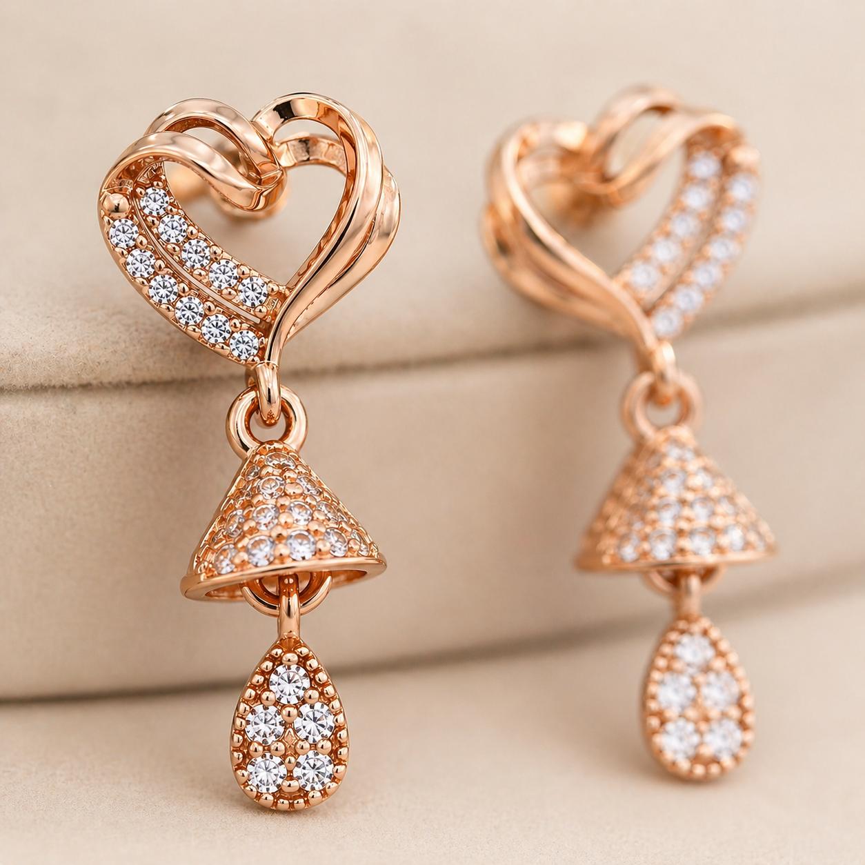 Forevershine Anti Tarnish Rose Gold Plated Heart Jhumki Drop Earrings With Cubic Zirconia, Copper, Polished Finish, 2.5 Cm Length,|lightweight|gift For Her|for Women & Girls