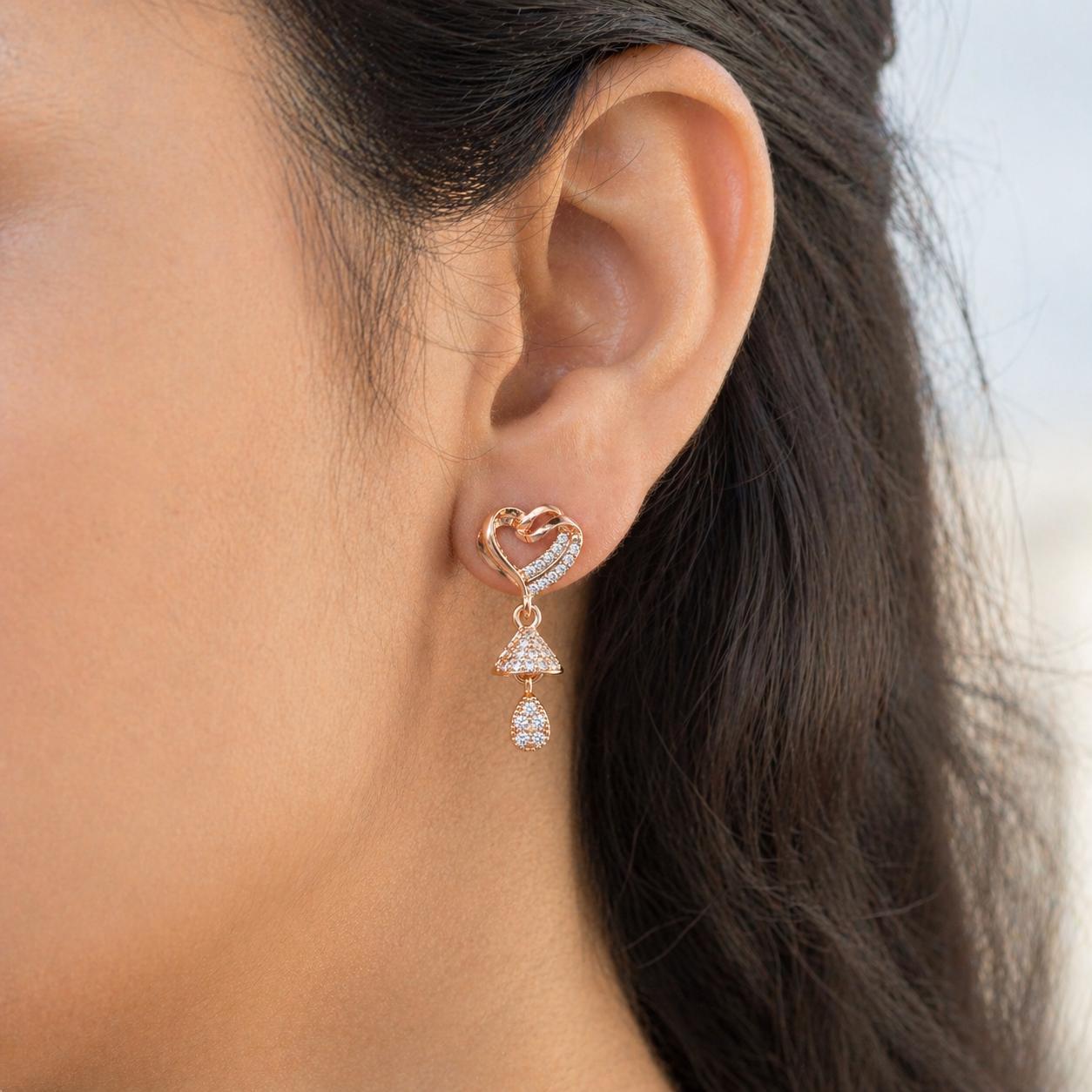 Forevershine Anti Tarnish Rose Gold Plated Heart Jhumki Drop Earrings With Cubic Zirconia, Copper, Polished Finish, 2.5 Cm Length,|lightweight|gift For Her|for Women & Girls - Image 2