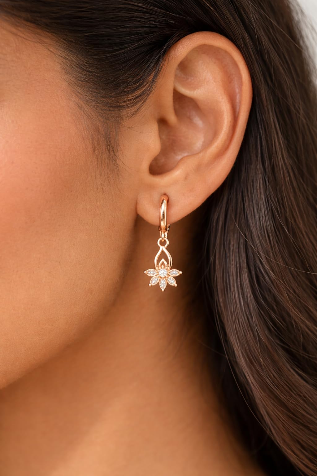 Forevershine Rose Gold Alloy American Diamond Cubic Zirconia Floral Minimal Lotus Hoop Earrings For Women & Girls Fashion Jewellery, Party, Wedding Gift - Image 2