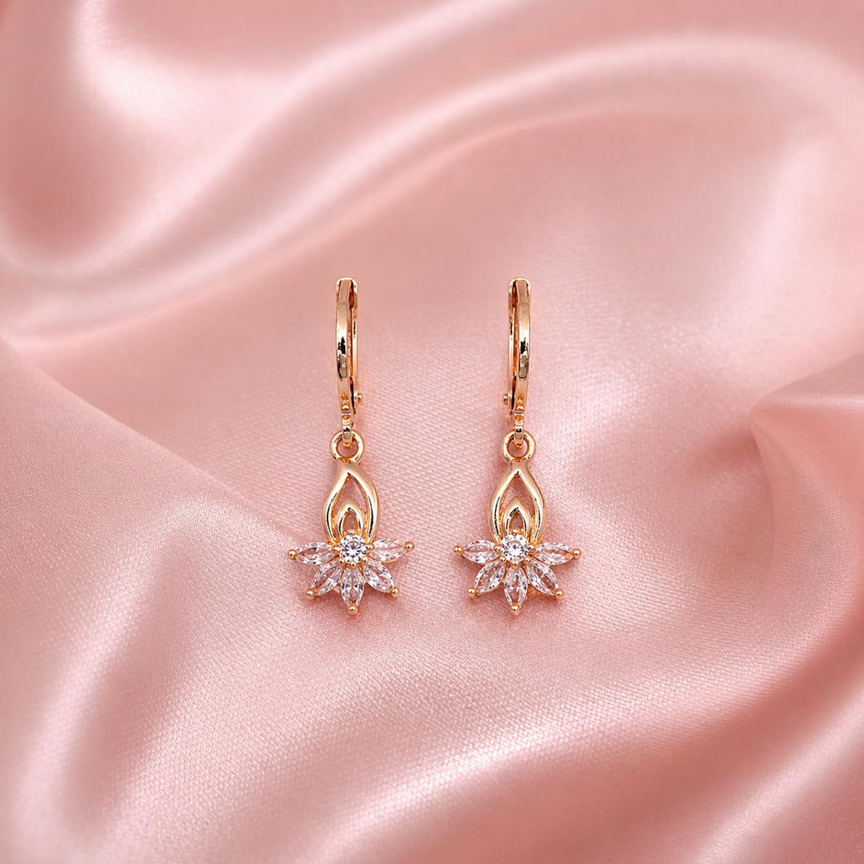 Forevershine Rose Gold Alloy American Diamond Cubic Zirconia Floral Minimal Lotus Hoop Earrings For Women & Girls Fashion Jewellery, Party, Wedding Gift - Image 8