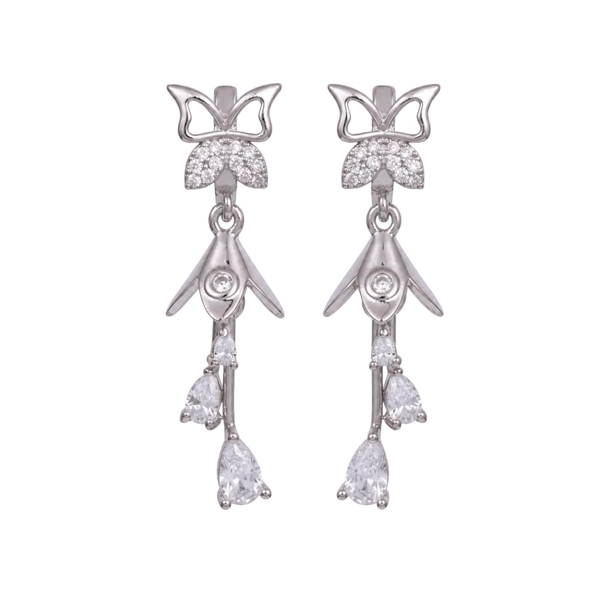 Forevershine Silver & White Alloy American Diamond Cubic Zirconia Butterfly Floral Minimal Jhumka Earrings For Women & Girls Fashion Jewellery, Party, Wedding Gift