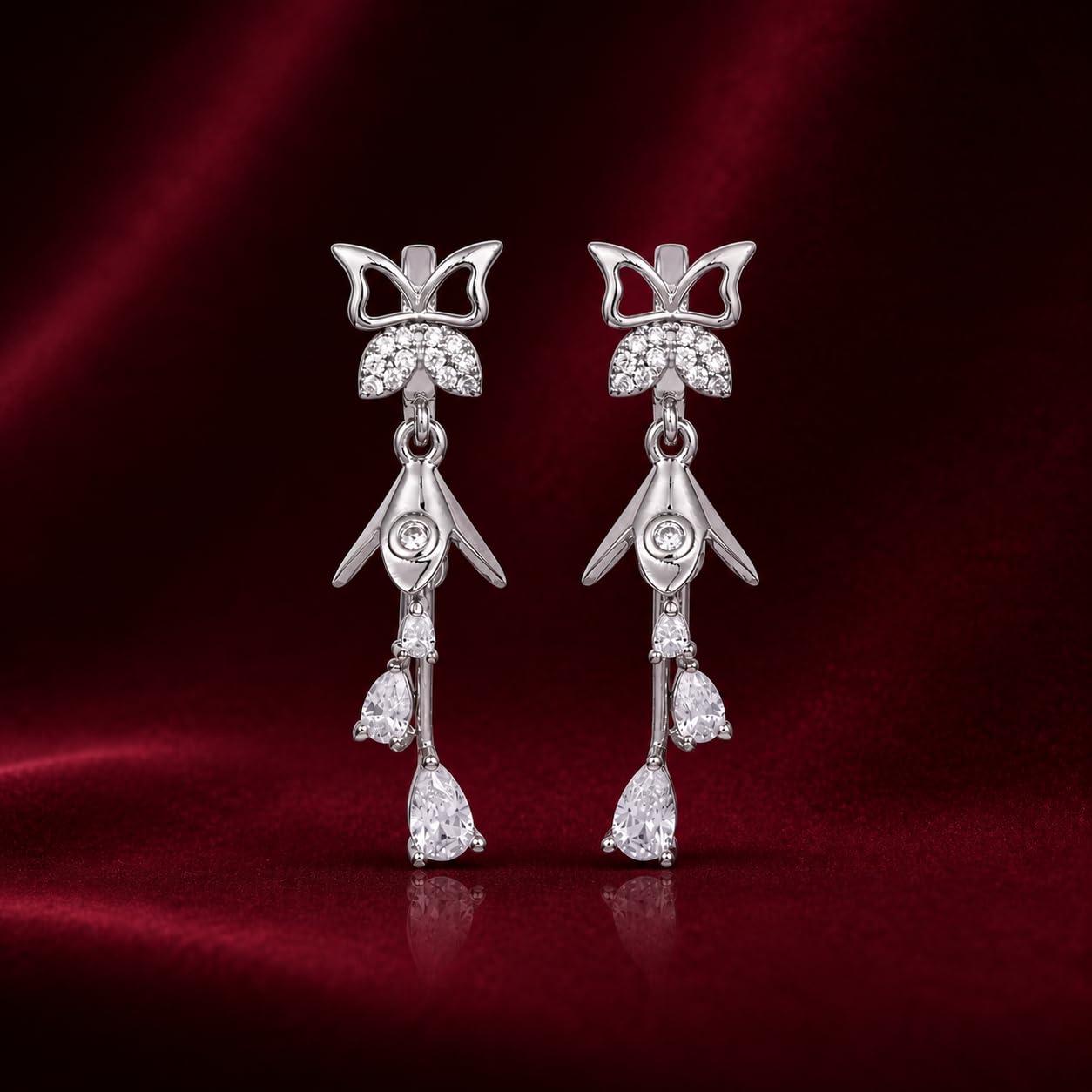 Forevershine Silver & White Alloy American Diamond Cubic Zirconia Butterfly Floral Minimal Jhumka Earrings For Women & Girls Fashion Jewellery, Party, Wedding Gift - Image 2