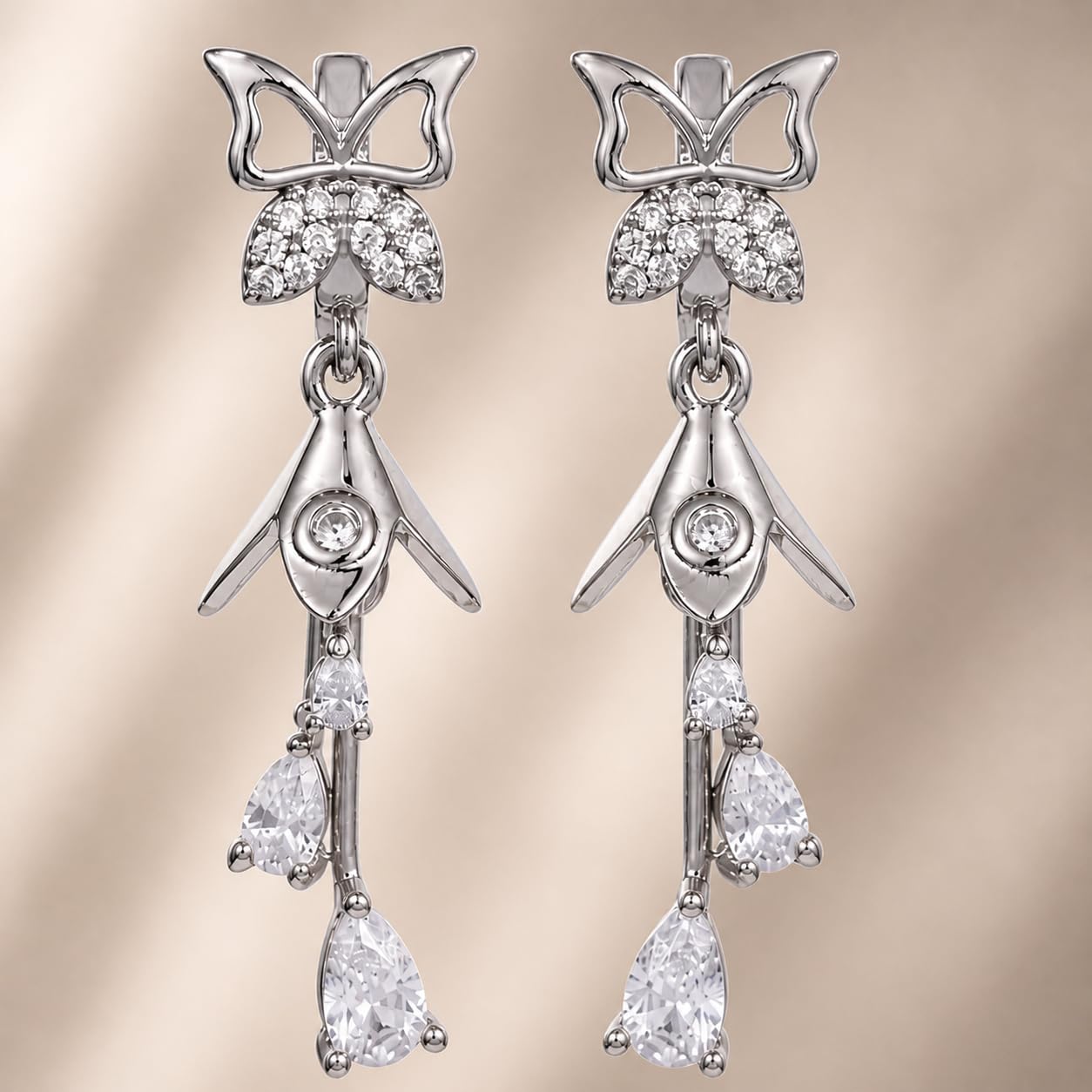 Forevershine Silver & White Alloy American Diamond Cubic Zirconia Butterfly Floral Minimal Jhumka Earrings For Women & Girls Fashion Jewellery, Party, Wedding Gift - Image 3
