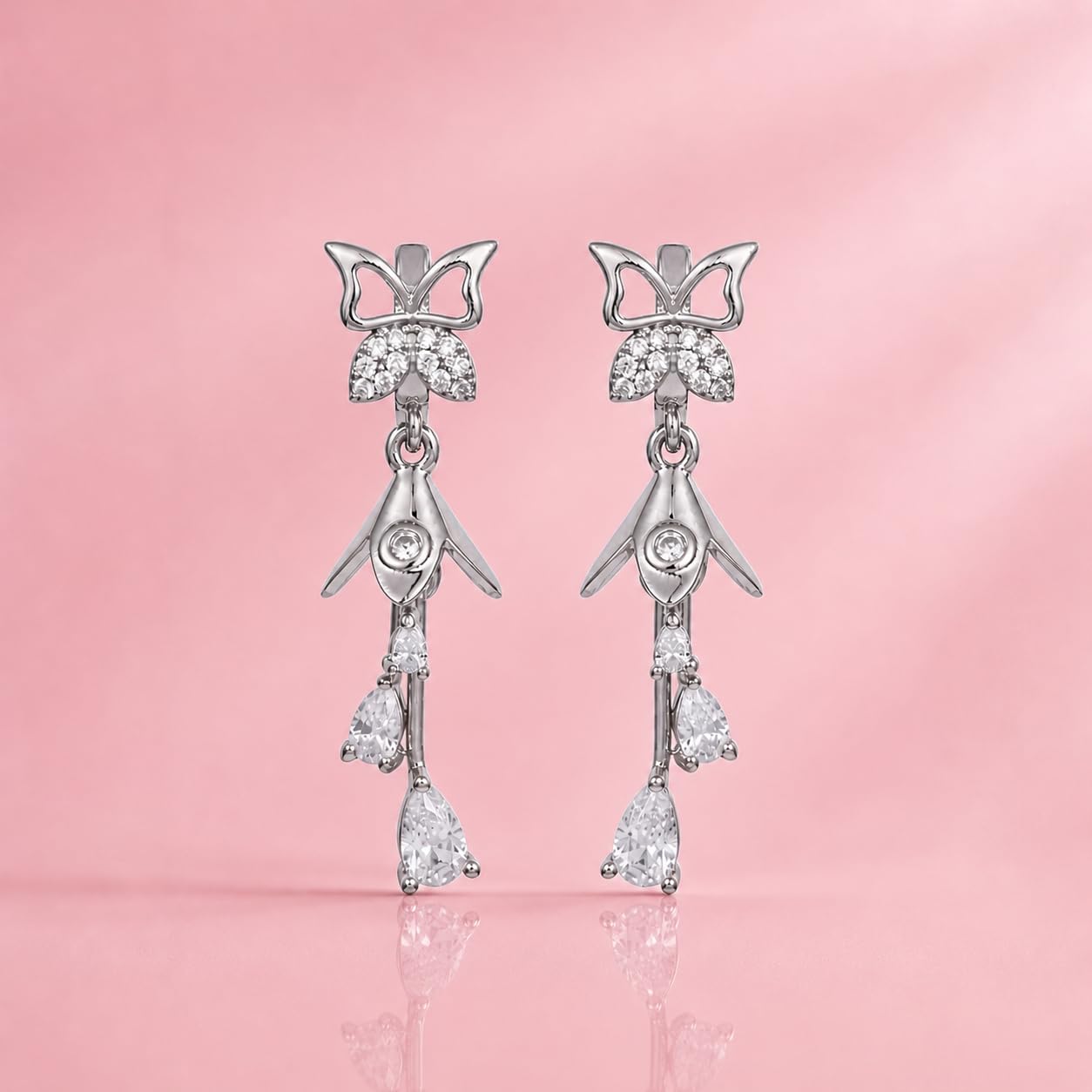 Forevershine Silver & White Alloy American Diamond Cubic Zirconia Butterfly Floral Minimal Jhumka Earrings For Women & Girls Fashion Jewellery, Party, Wedding Gift - Image 4