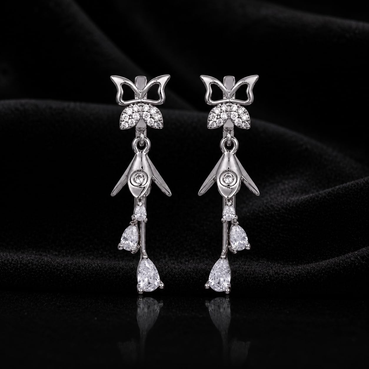 Forevershine Silver & White Alloy American Diamond Cubic Zirconia Butterfly Floral Minimal Jhumka Earrings For Women & Girls Fashion Jewellery, Party, Wedding Gift - Image 5