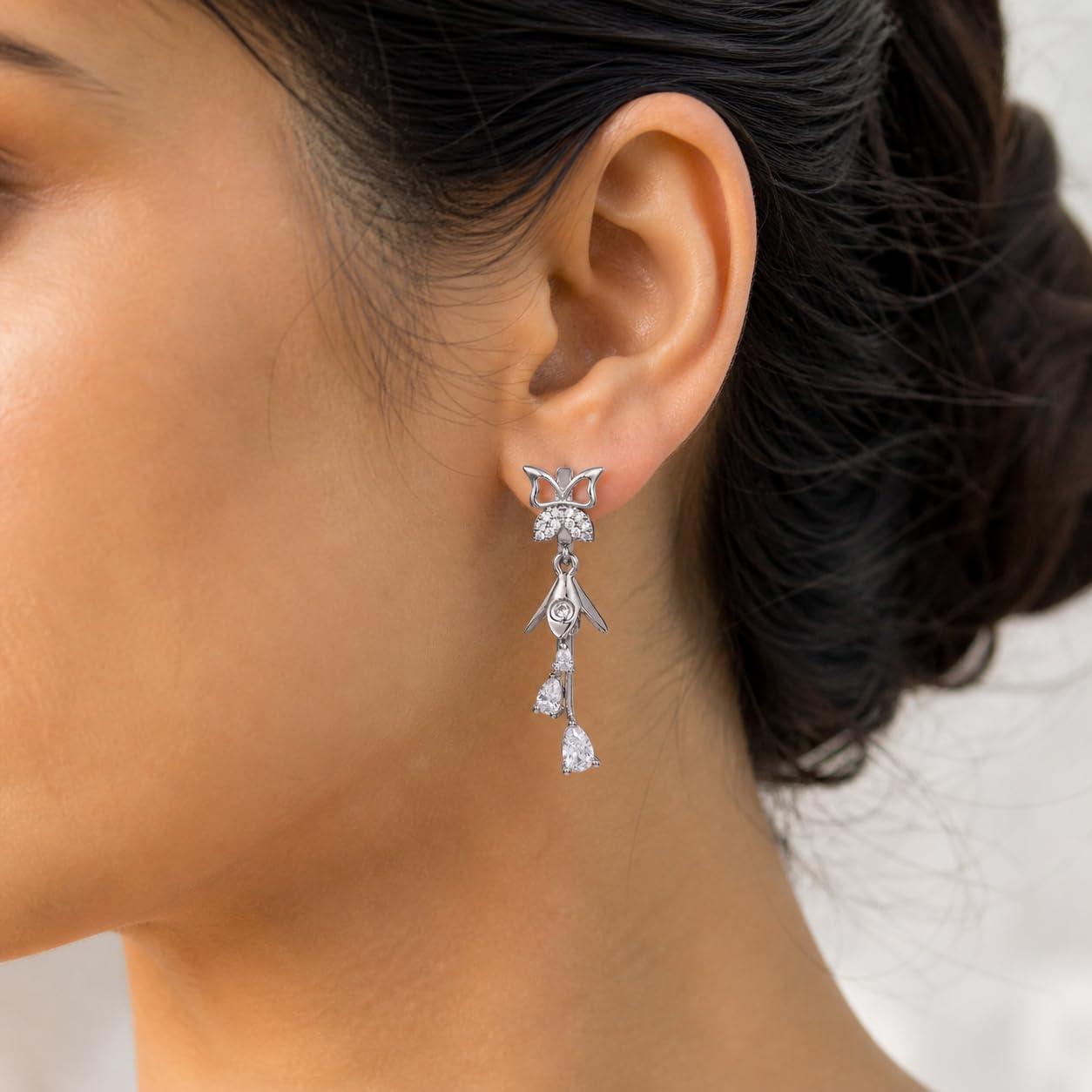 Forevershine Silver & White Alloy American Diamond Cubic Zirconia Butterfly Floral Minimal Jhumka Earrings For Women & Girls Fashion Jewellery, Party, Wedding Gift - Image 6