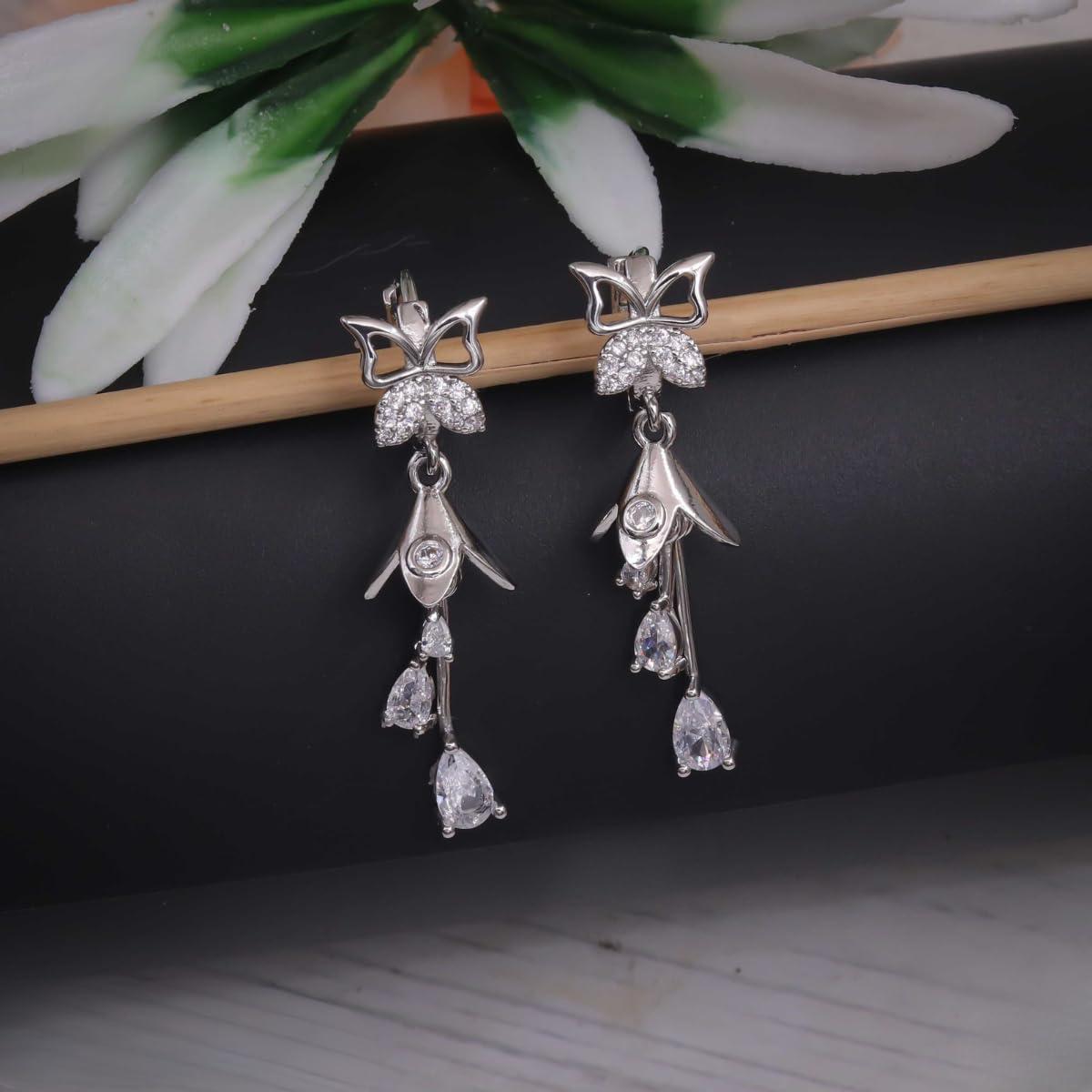 Forevershine Silver & White Alloy American Diamond Cubic Zirconia Butterfly Floral Minimal Jhumka Earrings For Women & Girls Fashion Jewellery, Party, Wedding Gift - Image 8