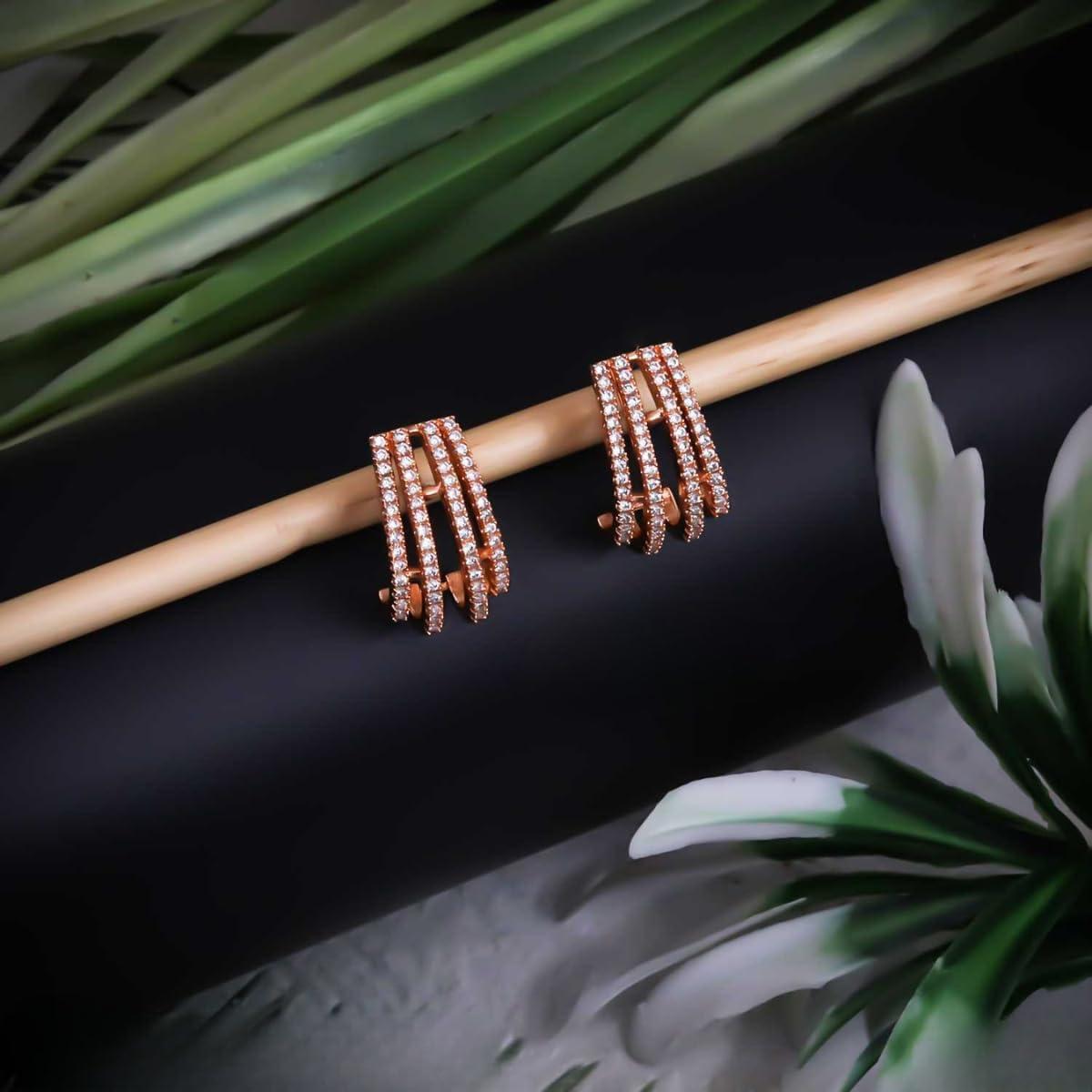 Forevershine Rose Gold & White Alloy American Diamond Cubic Zirconia Geometric Minimal Stud Earrings For Women & Girls Fashion Jewellery, Party, Wedding Gift - Image 2