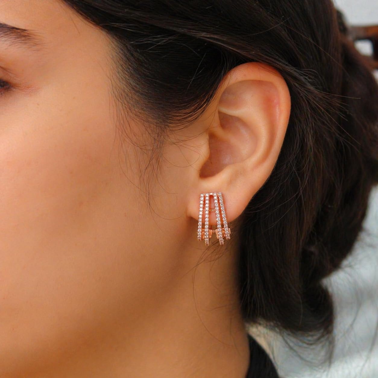 Forevershine Rose Gold & White Alloy American Diamond Cubic Zirconia Geometric Minimal Stud Earrings For Women & Girls Fashion Jewellery, Party, Wedding Gift - Image 6