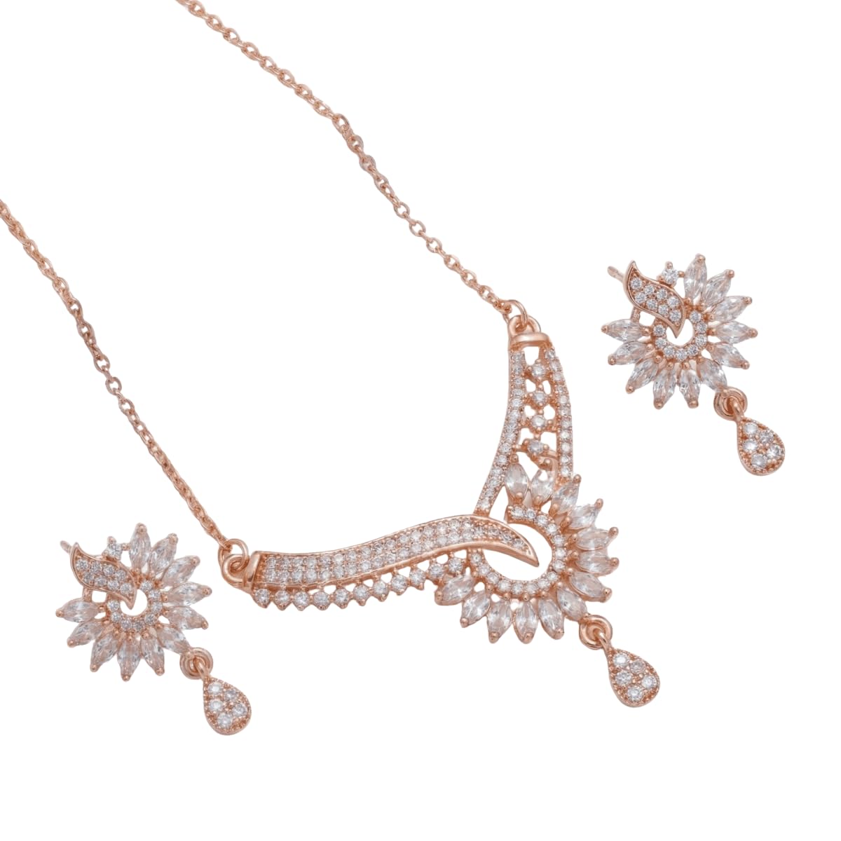 Forevershine Rose Gold Plated Cz Stone Studded Chain Pendant Necklace With Matching Earrings Jewellery Set For Women