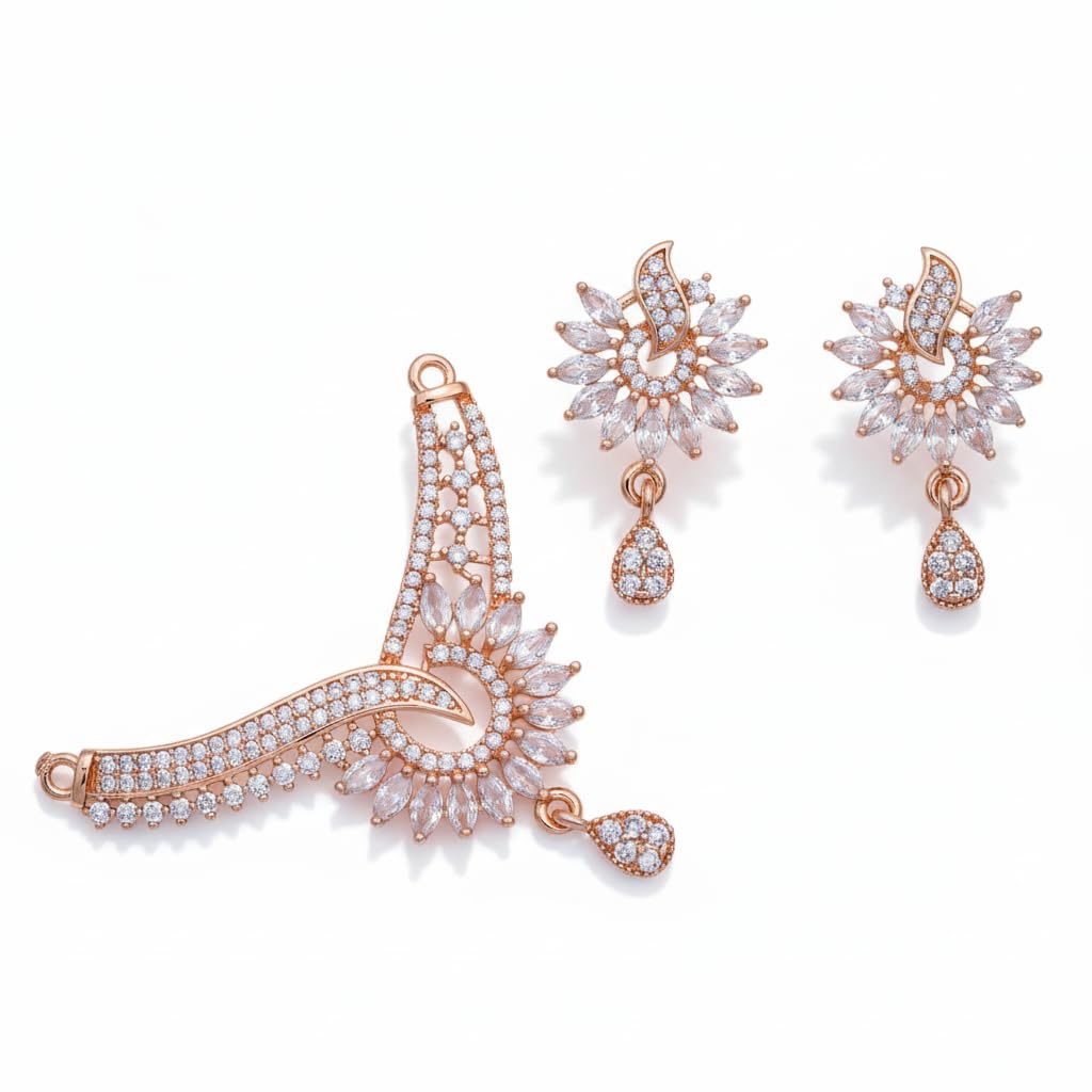 Forevershine Rose Gold Plated Cz Stone Studded Chain Pendant Necklace With Matching Earrings Jewellery Set For Women - Image 3