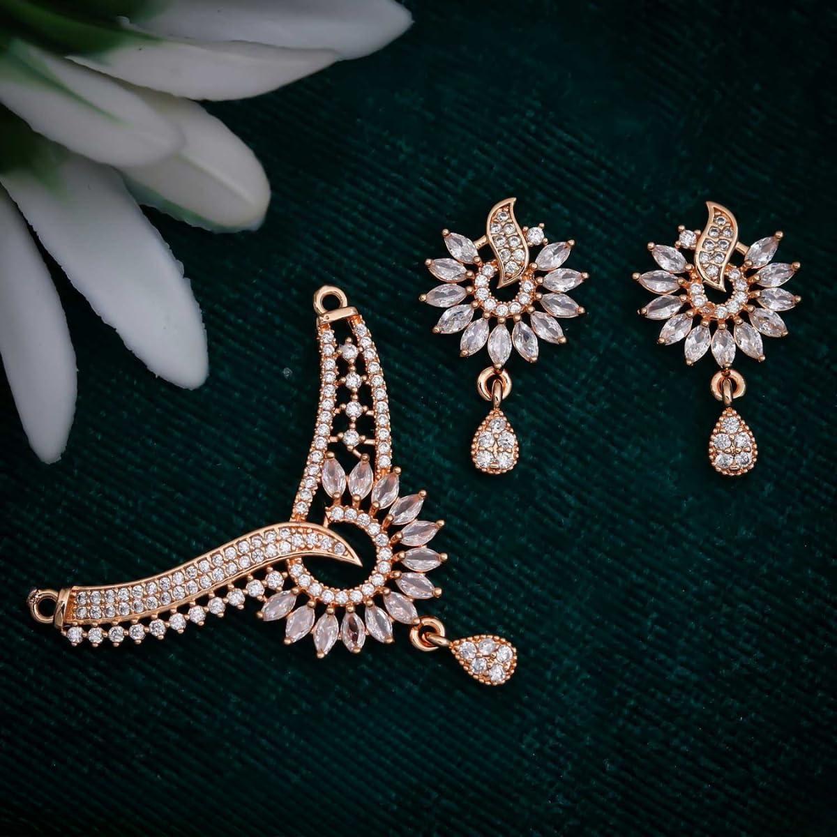Forevershine Rose Gold Plated Cz Stone Studded Chain Pendant Necklace With Matching Earrings Jewellery Set For Women - Image 4