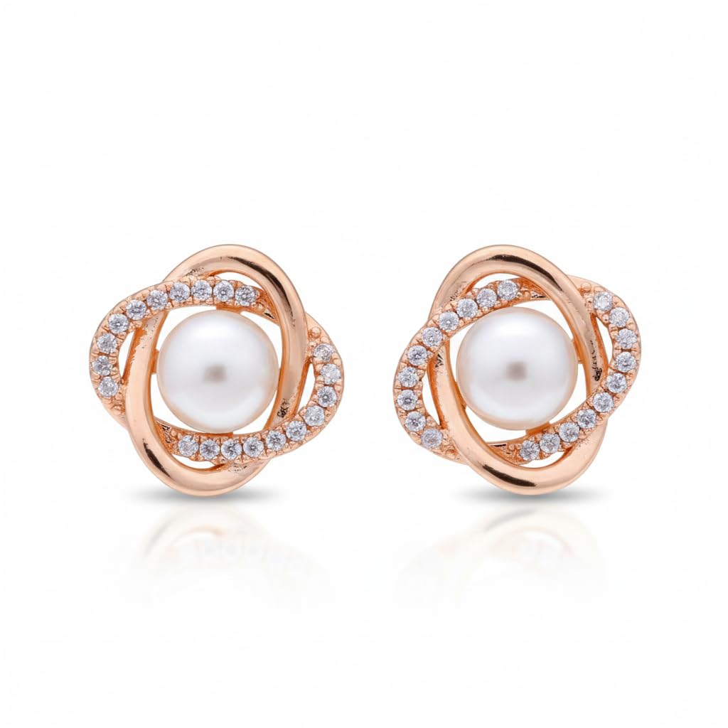 Forevershine Anti Tarnish Rose Gold Alloy American Diamond Cubic Zirconia Minimal Round Pearl Stud Earrings For Women & Girls Fashion Jewellery, Party, Wedding Gift