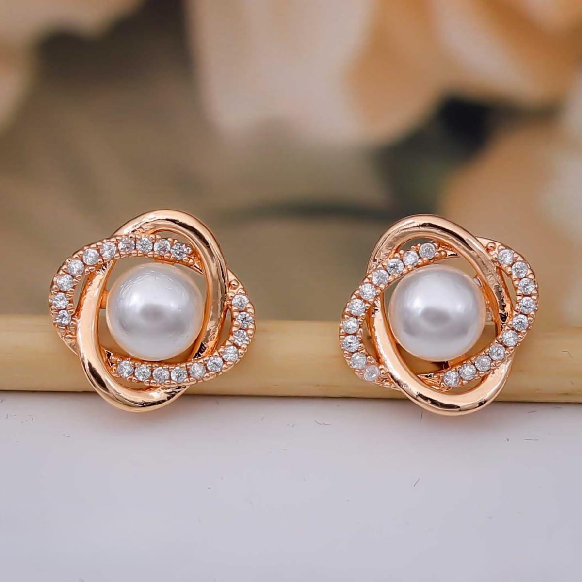 Forevershine Anti Tarnish Rose Gold Alloy American Diamond Cubic Zirconia Minimal Round Pearl Stud Earrings For Women & Girls Fashion Jewellery, Party, Wedding Gift - Image 5