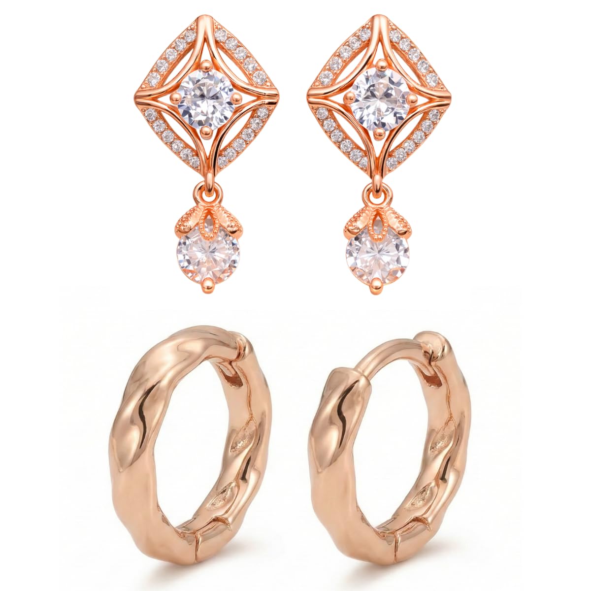 Forevershine Rose Gold Metal American Diamond Cubic Zirconia Geometric Solitaire Drop Hoop Earrings For Women & Girls Fashion Jewellery, Party, Wedding Gift - Image 7