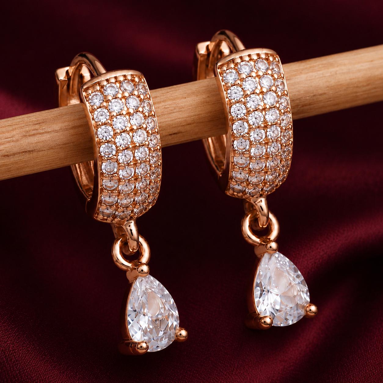 Forevershine Luxury Rose Gold Plated Hoop Earrings With Pave-Set American Diamond Cz Stones And Pear Drop Dangler For Women, Copper Metal, Polished Finish - Image 3