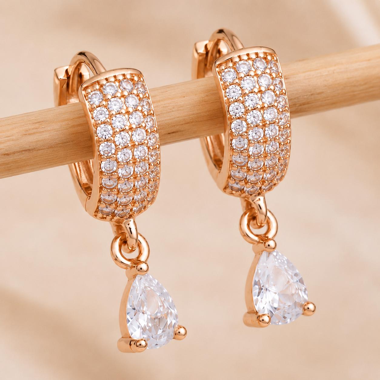 Forevershine Luxury Rose Gold Plated Hoop Earrings With Pave-Set American Diamond Cz Stones And Pear Drop Dangler For Women, Copper Metal, Polished Finish - Image 4