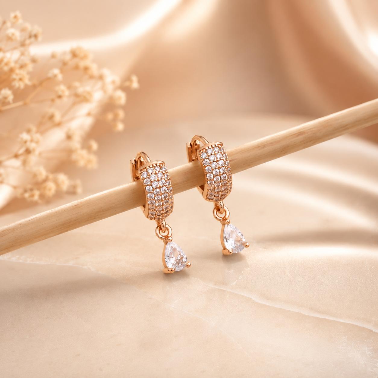 Forevershine Luxury Rose Gold Plated Hoop Earrings With Pave-Set American Diamond Cz Stones And Pear Drop Dangler For Women, Copper Metal, Polished Finish - Image 6