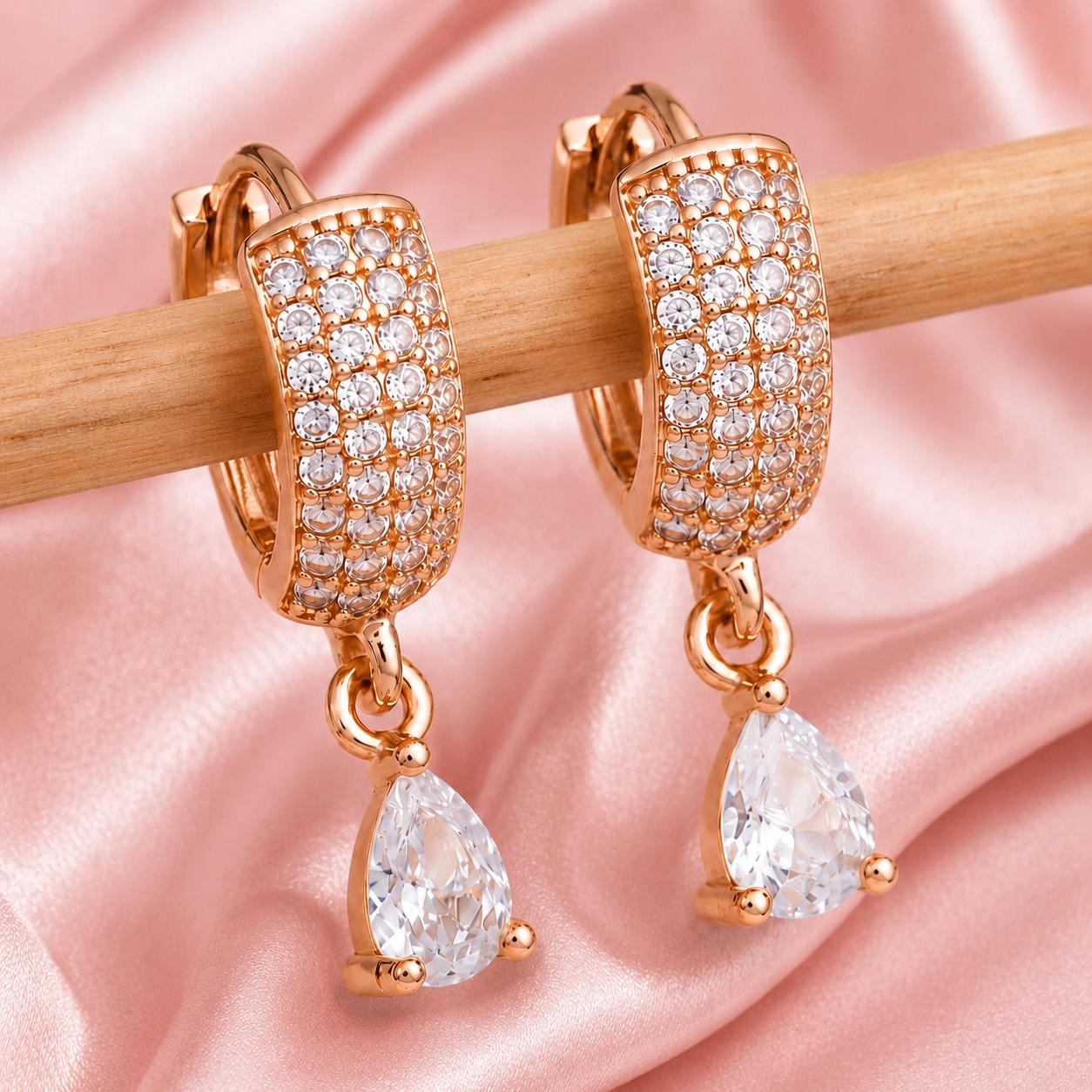 Forevershine Luxury Rose Gold Plated Hoop Earrings With Pave-Set American Diamond Cz Stones And Pear Drop Dangler For Women, Copper Metal, Polished Finish - Image 7