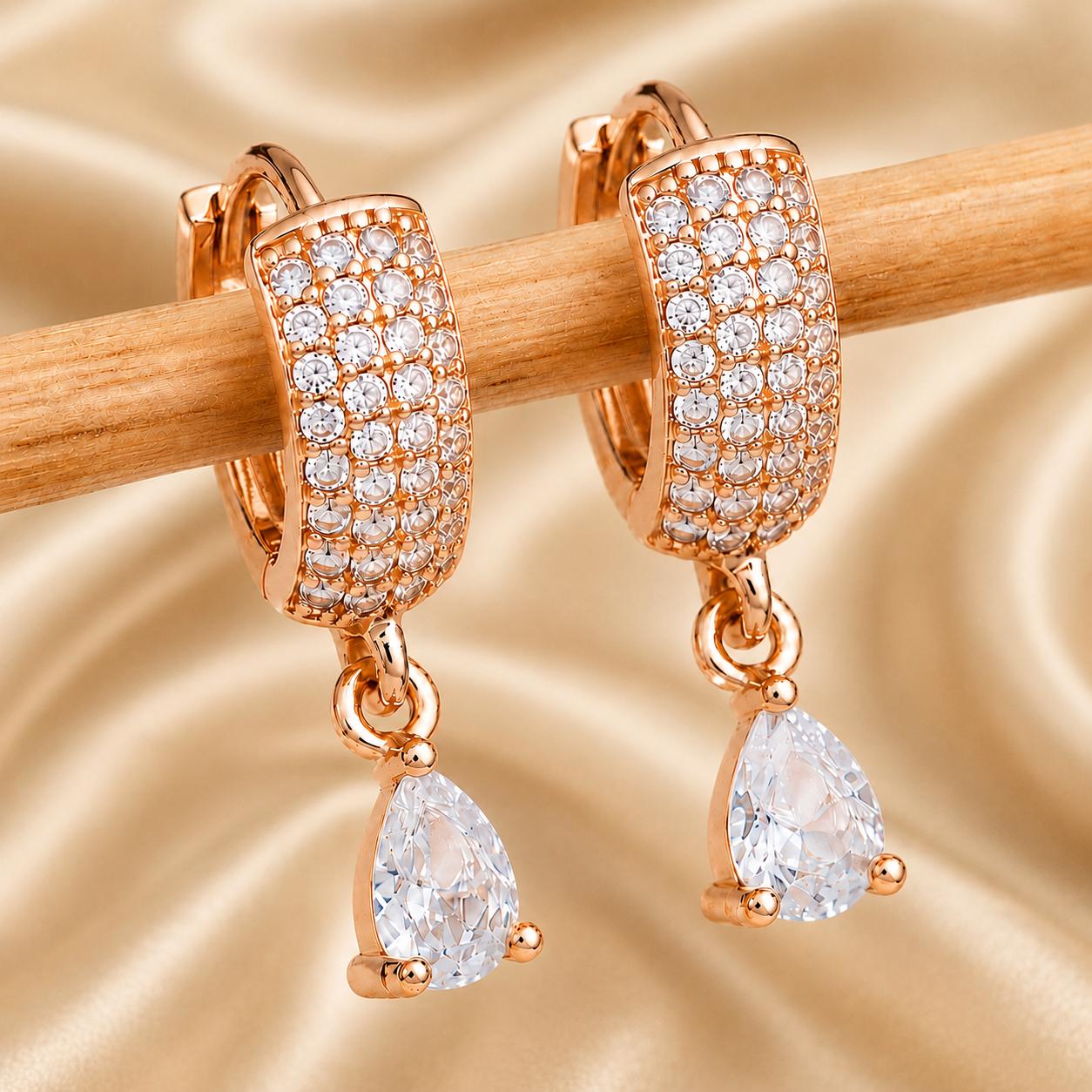 Forevershine Luxury Rose Gold Plated Hoop Earrings With Pave-Set American Diamond Cz Stones And Pear Drop Dangler For Women, Copper Metal, Polished Finish - Image 9