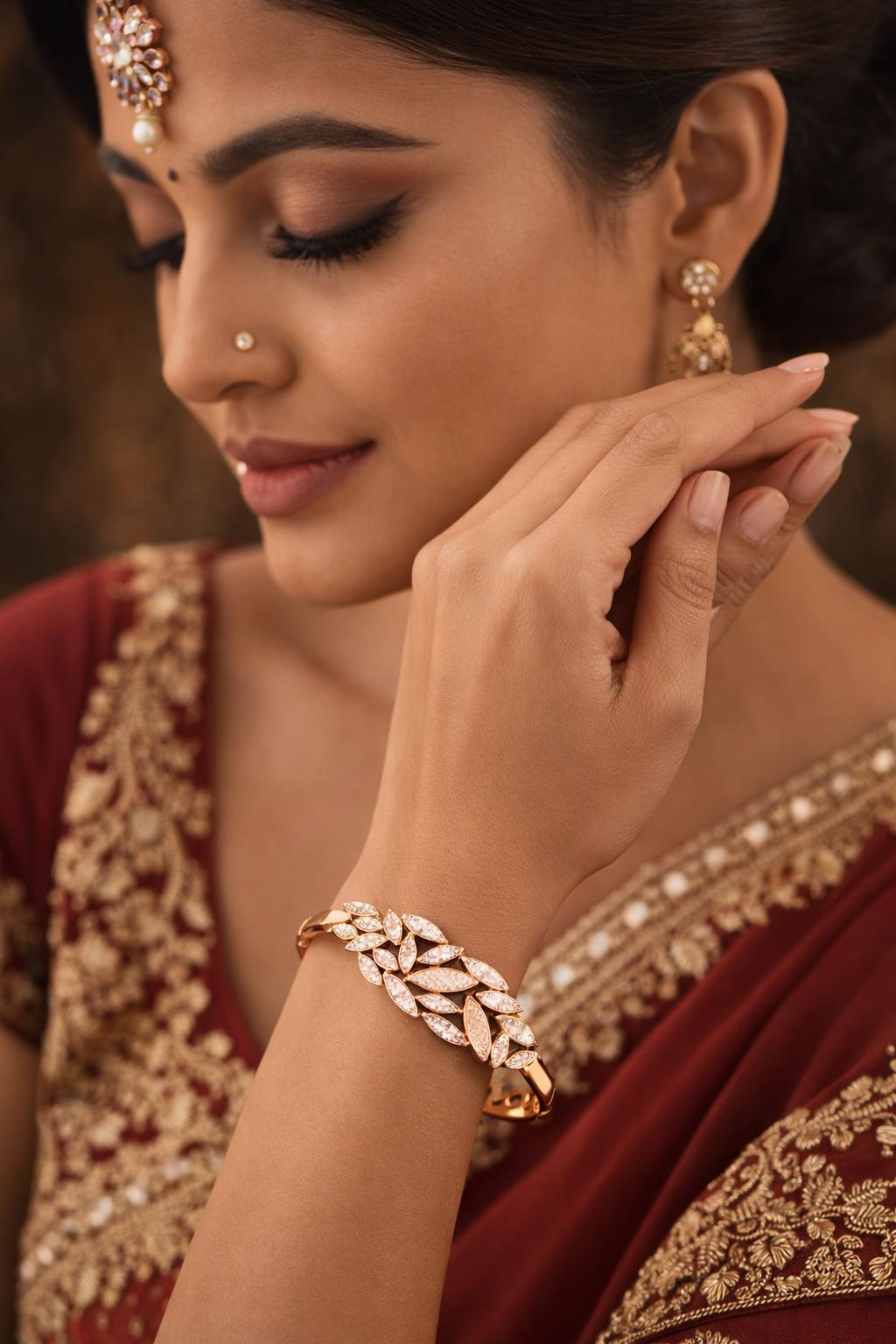 Forevershine Premium Rose Gold Plated Leaf Motif Bracelet Kada, Copper Base, Women's Fashion Jewelry, Adult, 2.4 Cm Size, 100g, Hinged Clasp Design - Image 2
