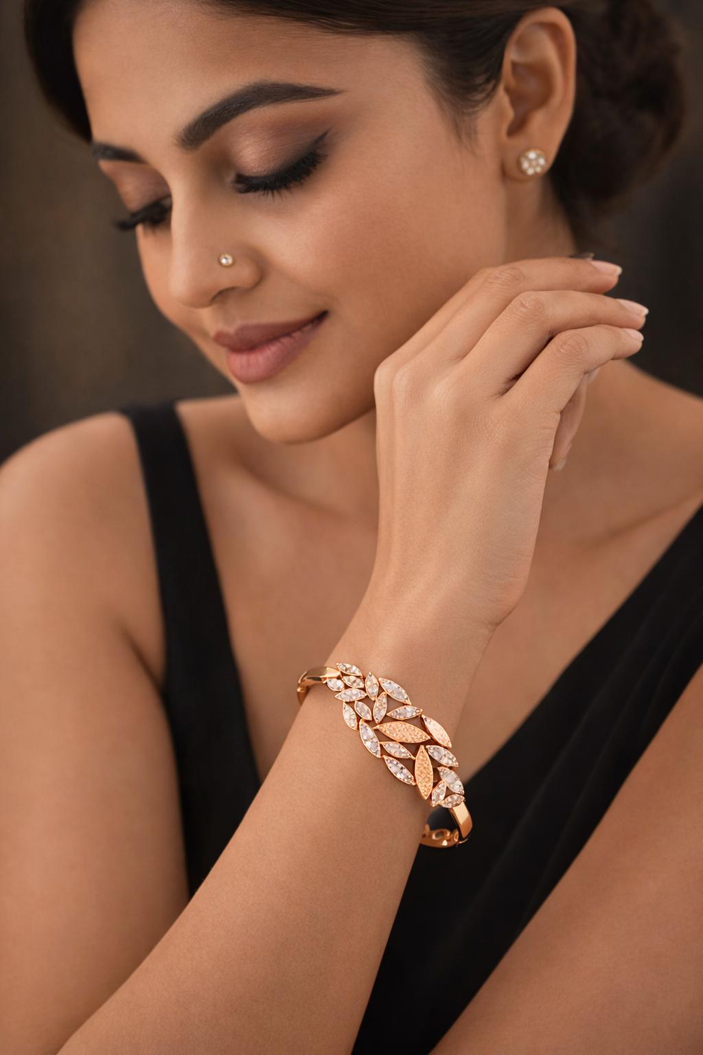 Forevershine Premium Rose Gold Plated Leaf Motif Bracelet Kada, Copper Base, Women's Fashion Jewelry, Adult, 2.4 Cm Size, 100g, Hinged Clasp Design - Image 3