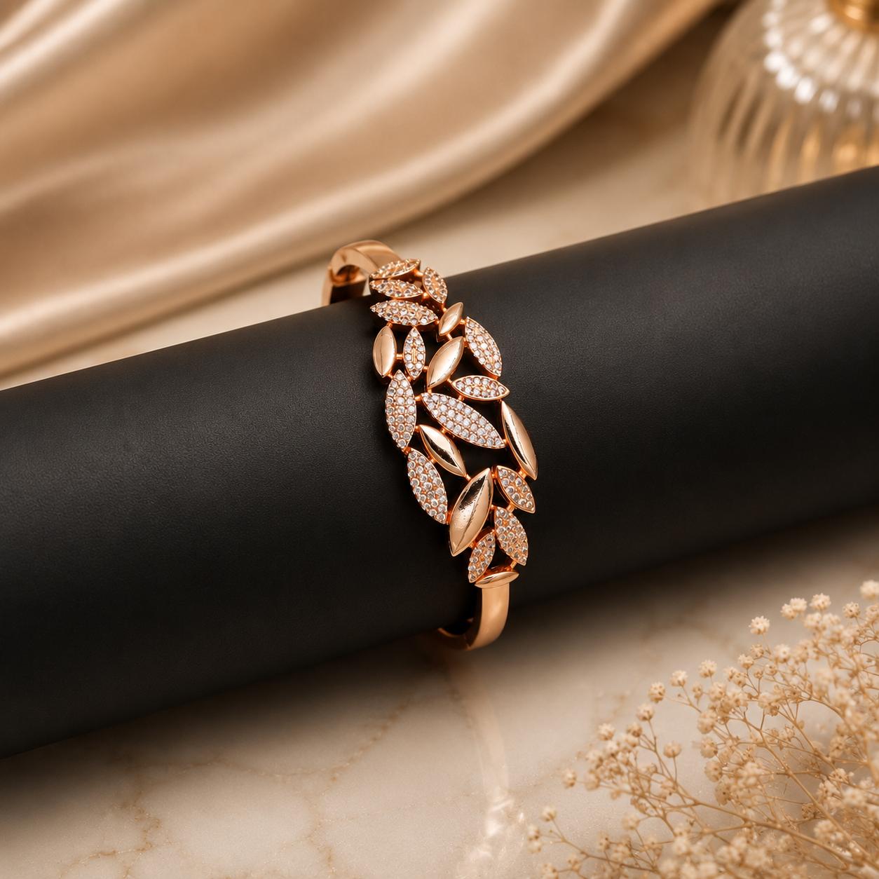 Forevershine Premium Rose Gold Plated Leaf Motif Bracelet Kada, Copper Base, Women's Fashion Jewelry, Adult, 2.4 Cm Size, 100g, Hinged Clasp Design - Image 5