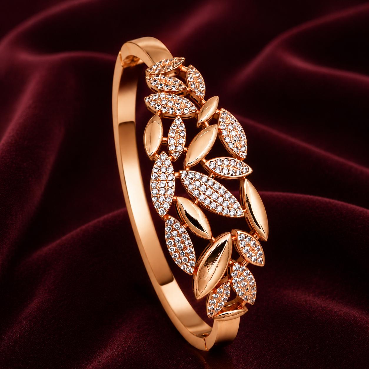 Forevershine Premium Rose Gold Plated Leaf Motif Bracelet Kada, Copper Base, Women's Fashion Jewelry, Adult, 2.4 Cm Size, 100g, Hinged Clasp Design - Image 6