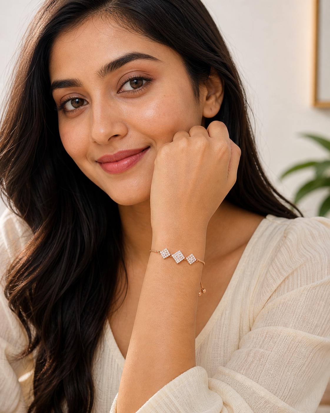 Forevershine Anti Tarnish Premium Rose Gold Plated Square Pave Bracelet, Copper Alloy, Cubic Zirconia Stones, Adjustable, Fashion Jewelry|lightweight|gift For Her|for Women & Girls - Image 2
