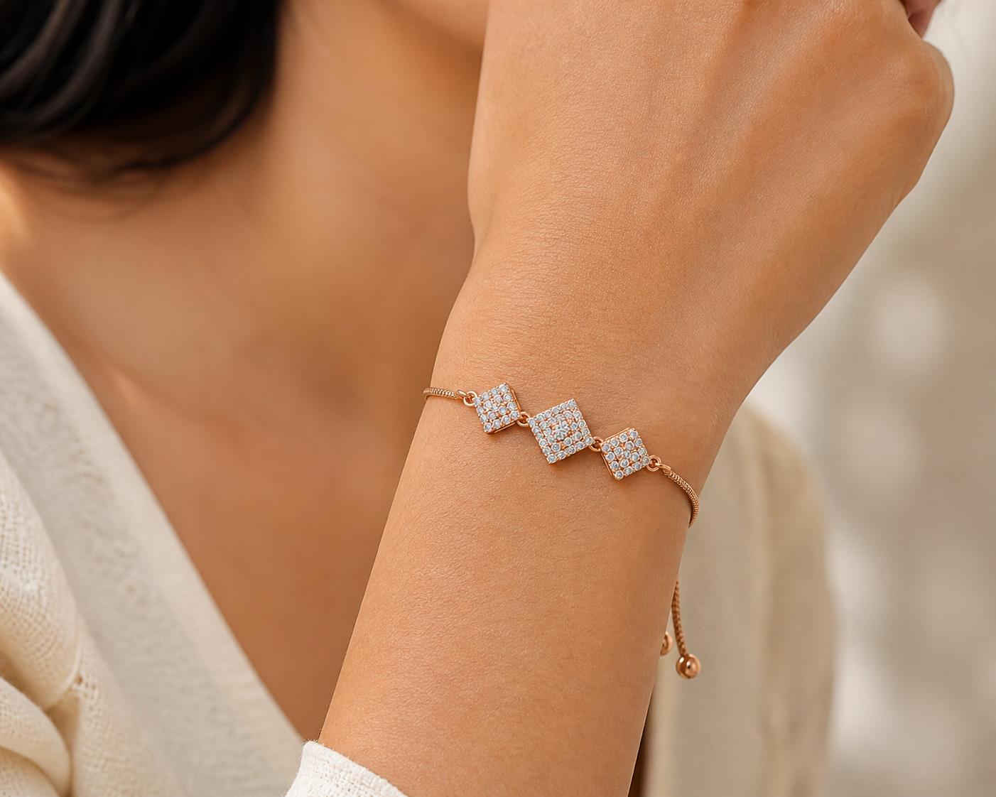 Forevershine Anti Tarnish Premium Rose Gold Plated Square Pave Bracelet, Copper Alloy, Cubic Zirconia Stones, Adjustable, Fashion Jewelry|lightweight|gift For Her|for Women & Girls - Image 3