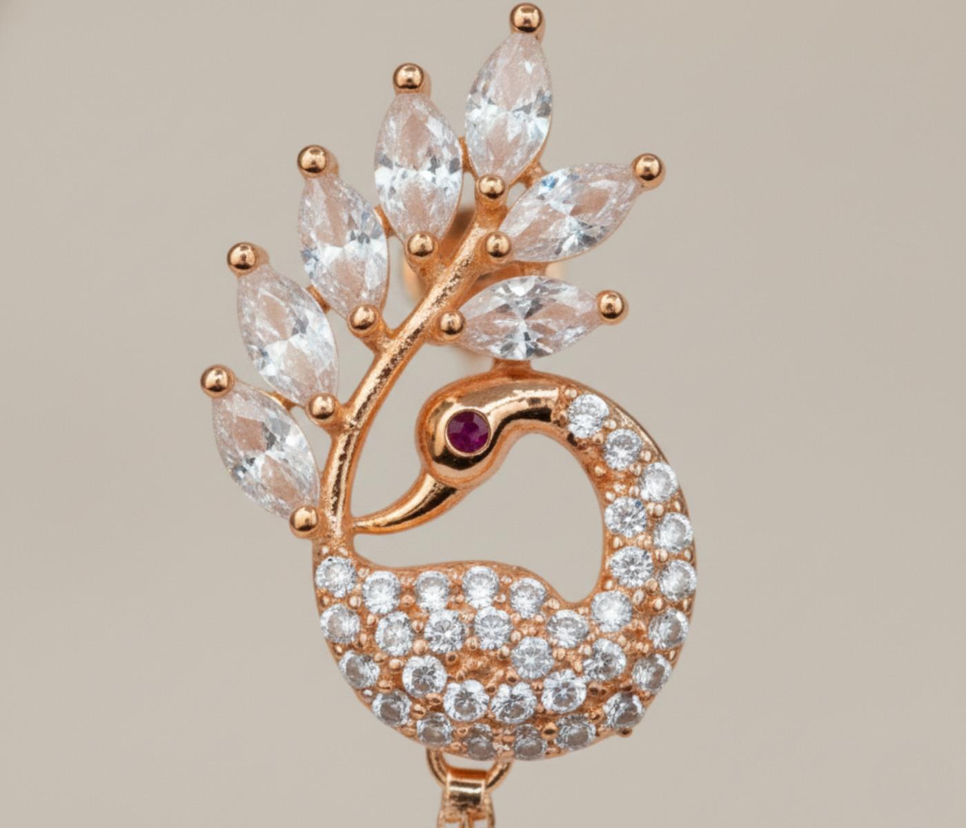 Forevershine Anti Tarnish Rose Gold Peacock Earrings, Long Dangling Design With Cubic Zirconia Stones, Chain Tassel Drop|lightweight|gift For Her|for Women & Girls - Image 2