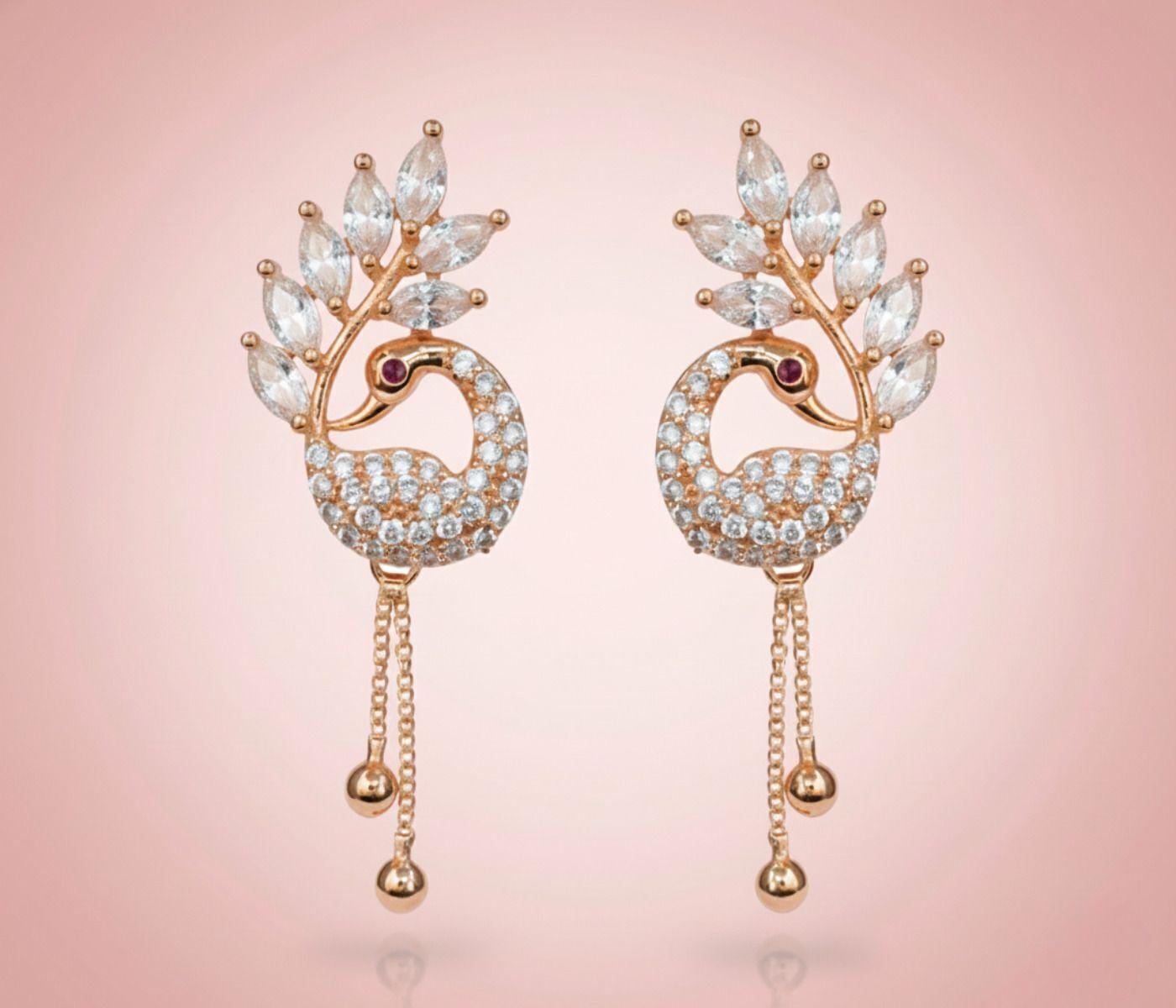 Forevershine Anti Tarnish Rose Gold Peacock Earrings, Long Dangling Design With Cubic Zirconia Stones, Chain Tassel Drop|lightweight|gift For Her|for Women & Girls - Image 3
