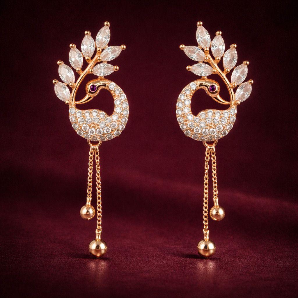 Forevershine Anti Tarnish Rose Gold Peacock Earrings, Long Dangling Design With Cubic Zirconia Stones, Chain Tassel Drop|lightweight|gift For Her|for Women & Girls - Image 4
