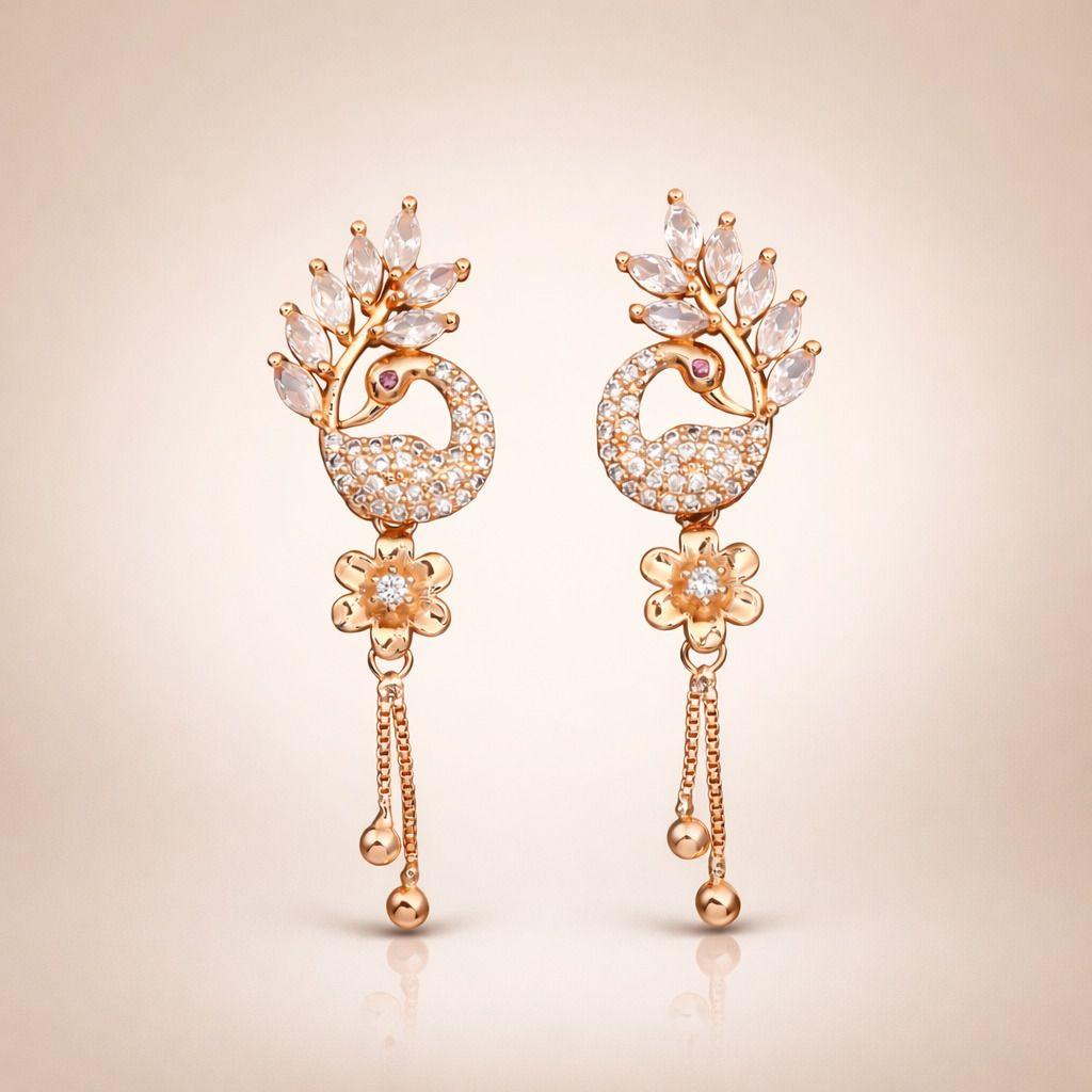 Forevershine Anti Tarnish Rose Gold Peacock Earrings With Cubic Zirconia, Floral Drop Design, Dangling Chain|lightweight|gift For Her|skin Friendly & Hypoallergenic|stylish Jewelry For Women & Girls