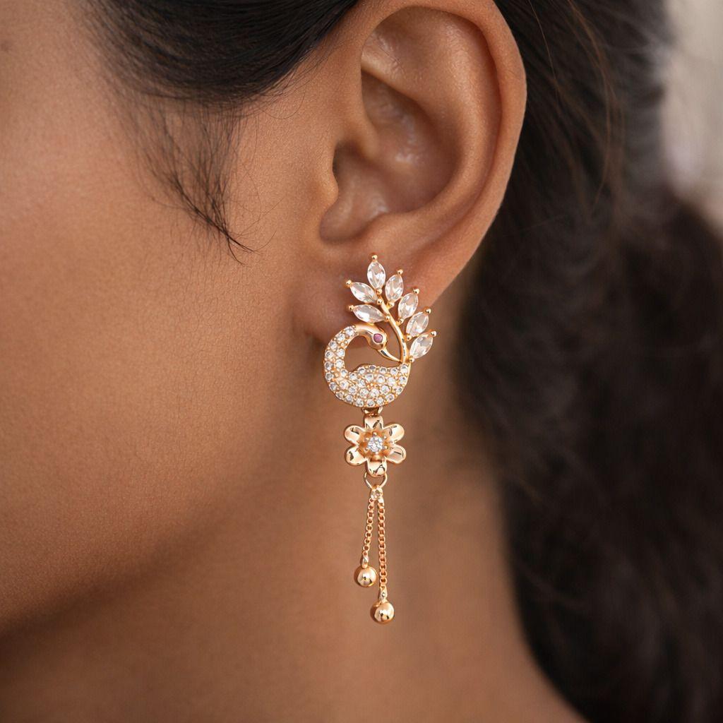 Forevershine Anti Tarnish Rose Gold Peacock Earrings With Cubic Zirconia, Floral Drop Design, Dangling Chain|lightweight|gift For Her|skin Friendly & Hypoallergenic|stylish Jewelry For Women & Girls - Image 2