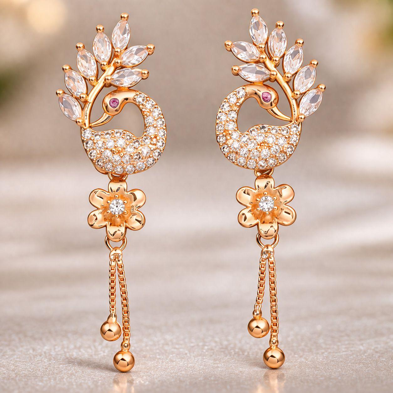 Forevershine Anti Tarnish Rose Gold Peacock Earrings With Cubic Zirconia, Floral Drop Design, Dangling Chain|lightweight|gift For Her|skin Friendly & Hypoallergenic|stylish Jewelry For Women & Girls - Image 3